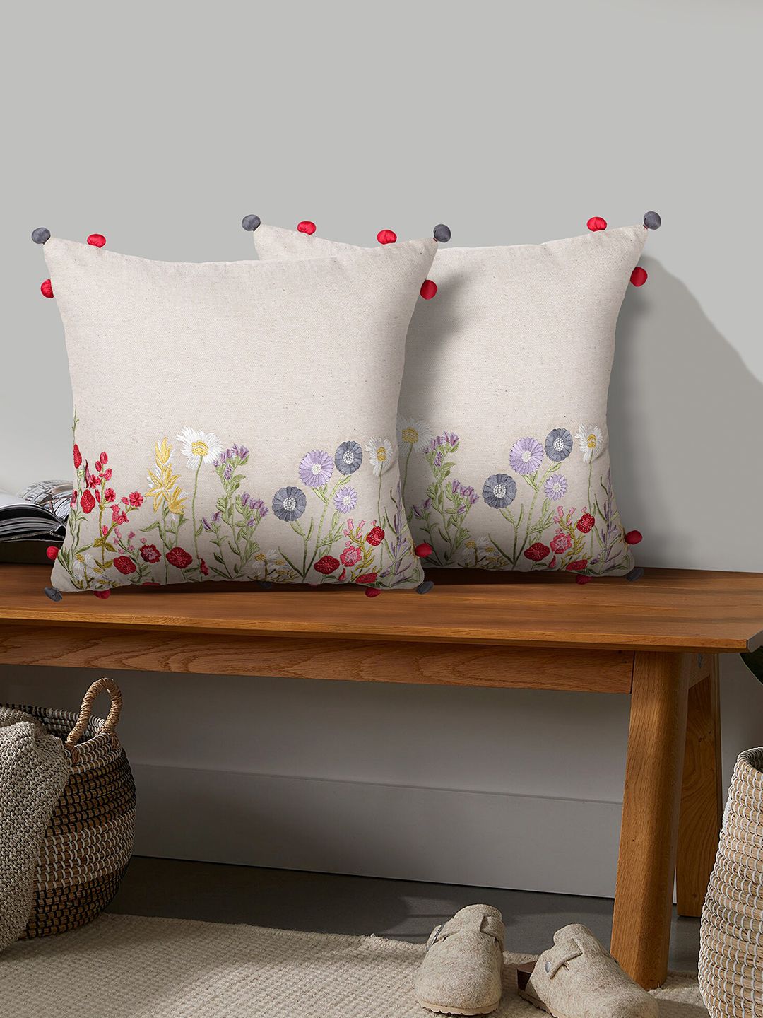 SHADES of LIFE Beige & Red Set of 2 Embroidered Cotton Square Cushion Covers Price in India