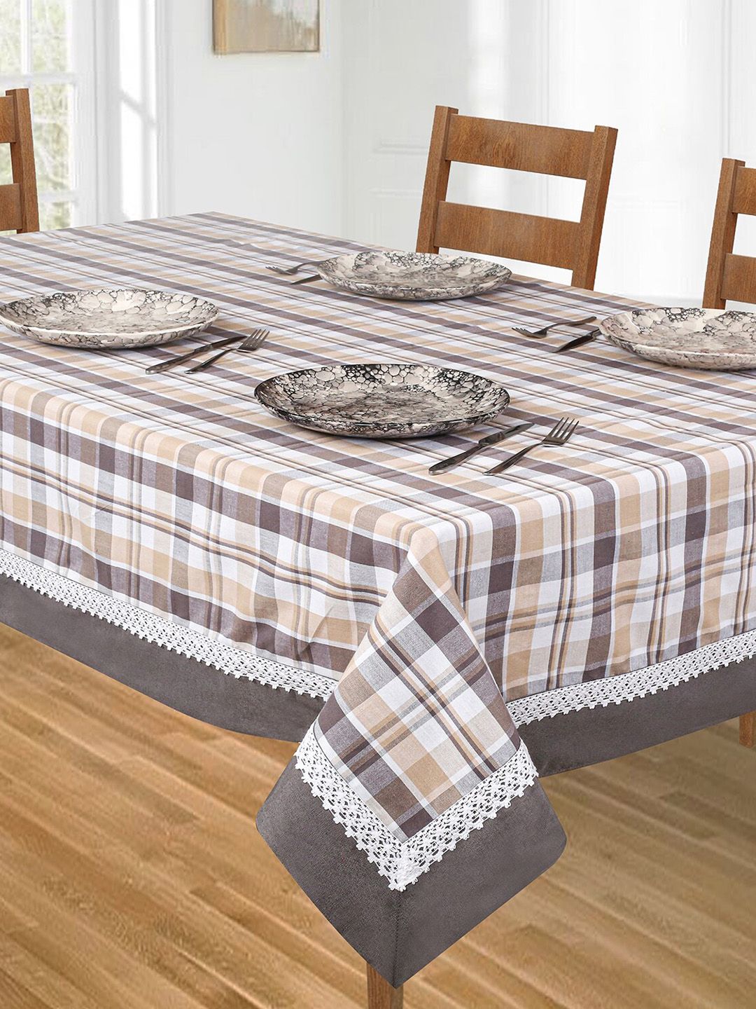 SHADES of LIFE Grey & White 6-Seater Checked Table Cover Price in India