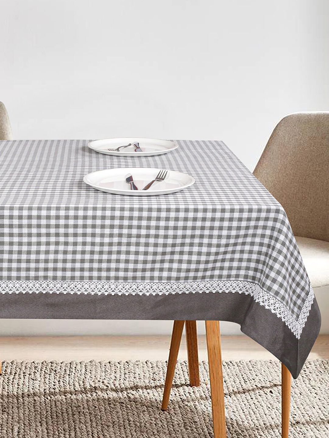 SHADES of LIFE Grey & Black Checked 6-Seater Rectangle Cotton Table Cover Price in India