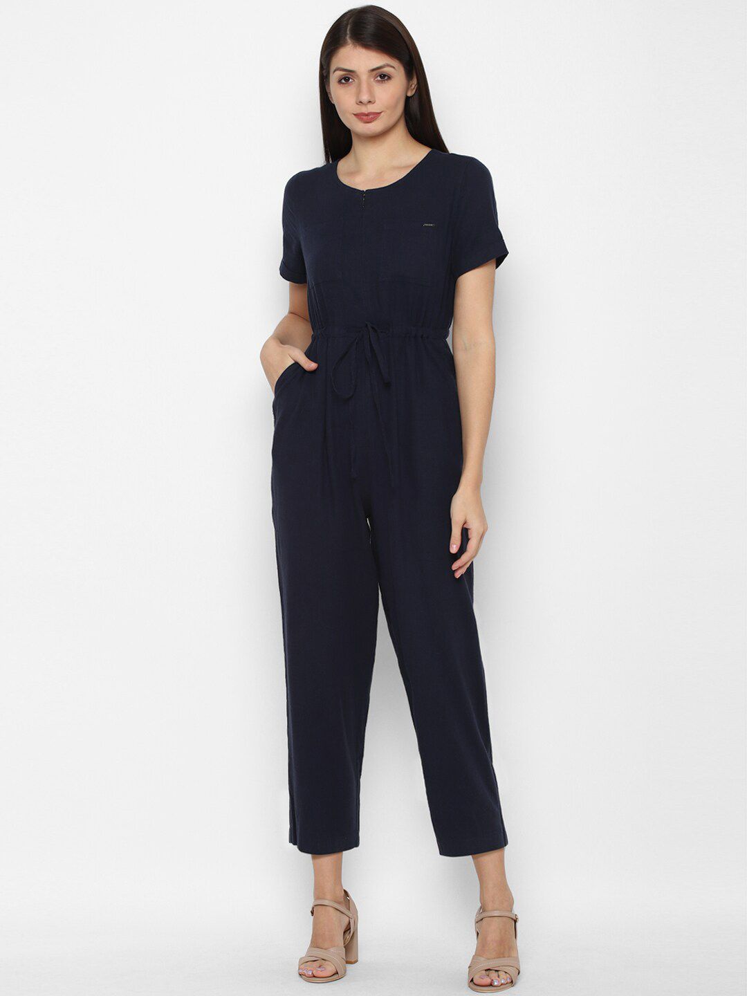 Allen Solly Woman Navy Blue Linen Basic Jumpsuit Price in India