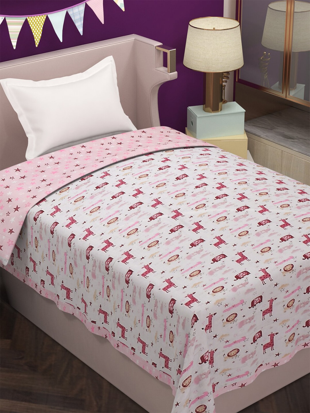 Florida Pink & White Cartoon Characters AC Room 120 GSM Single Bed Dohar Price in India
