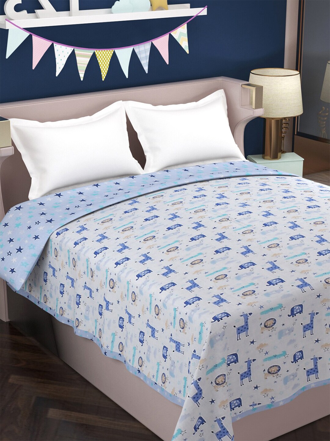 Florida Blue & White Cartoon Characters AC Room 120 GSM Reversible Double Bed Dohar Price in India