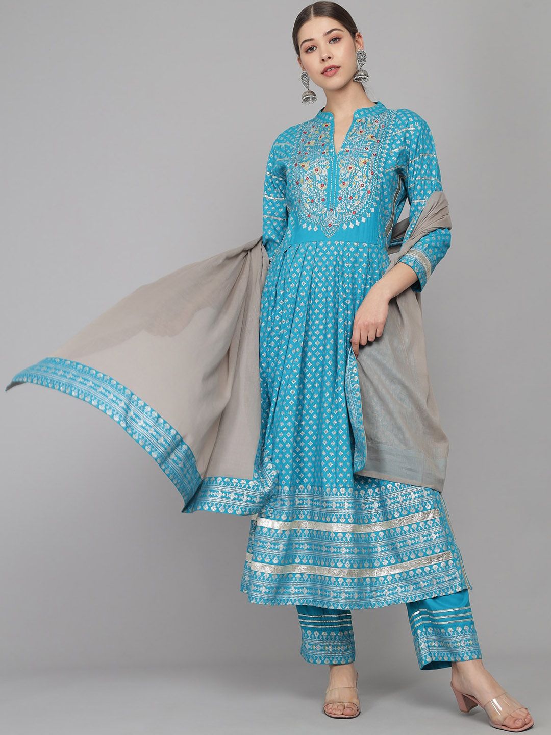 Prakhya Women Blue Ethnic Motifs Yoke Design Tiered Kurta with Trousers & With Dupatta Price in India