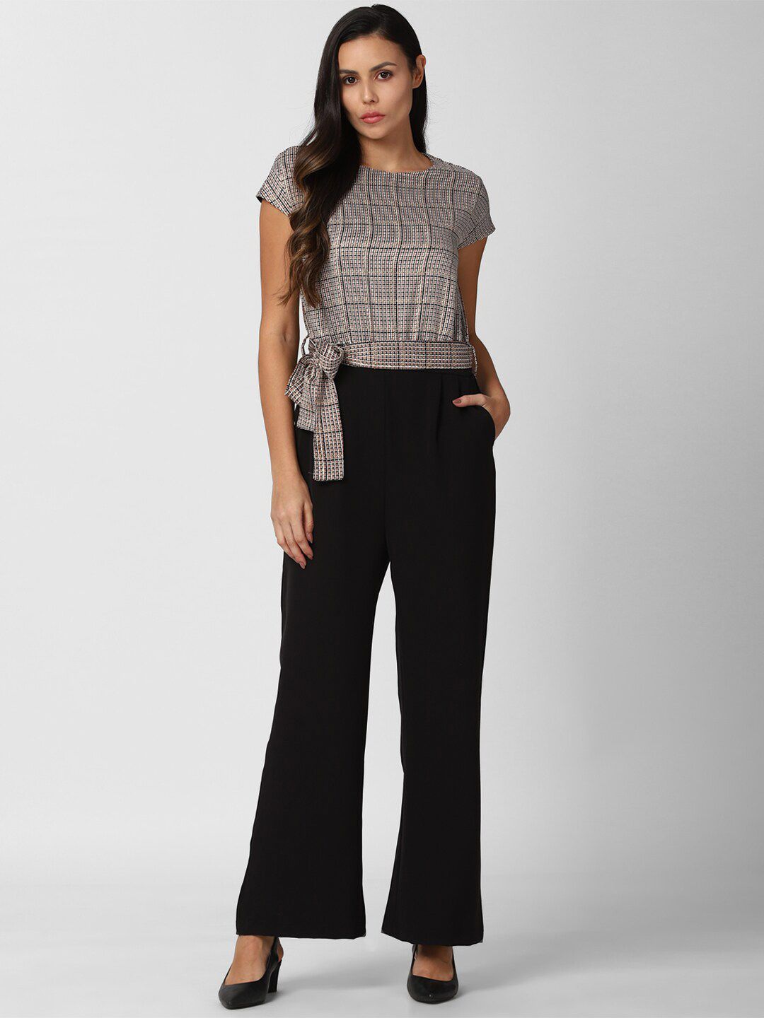 Van Heusen Woman Black & Grey Checked Basic Jumpsuit Price in India