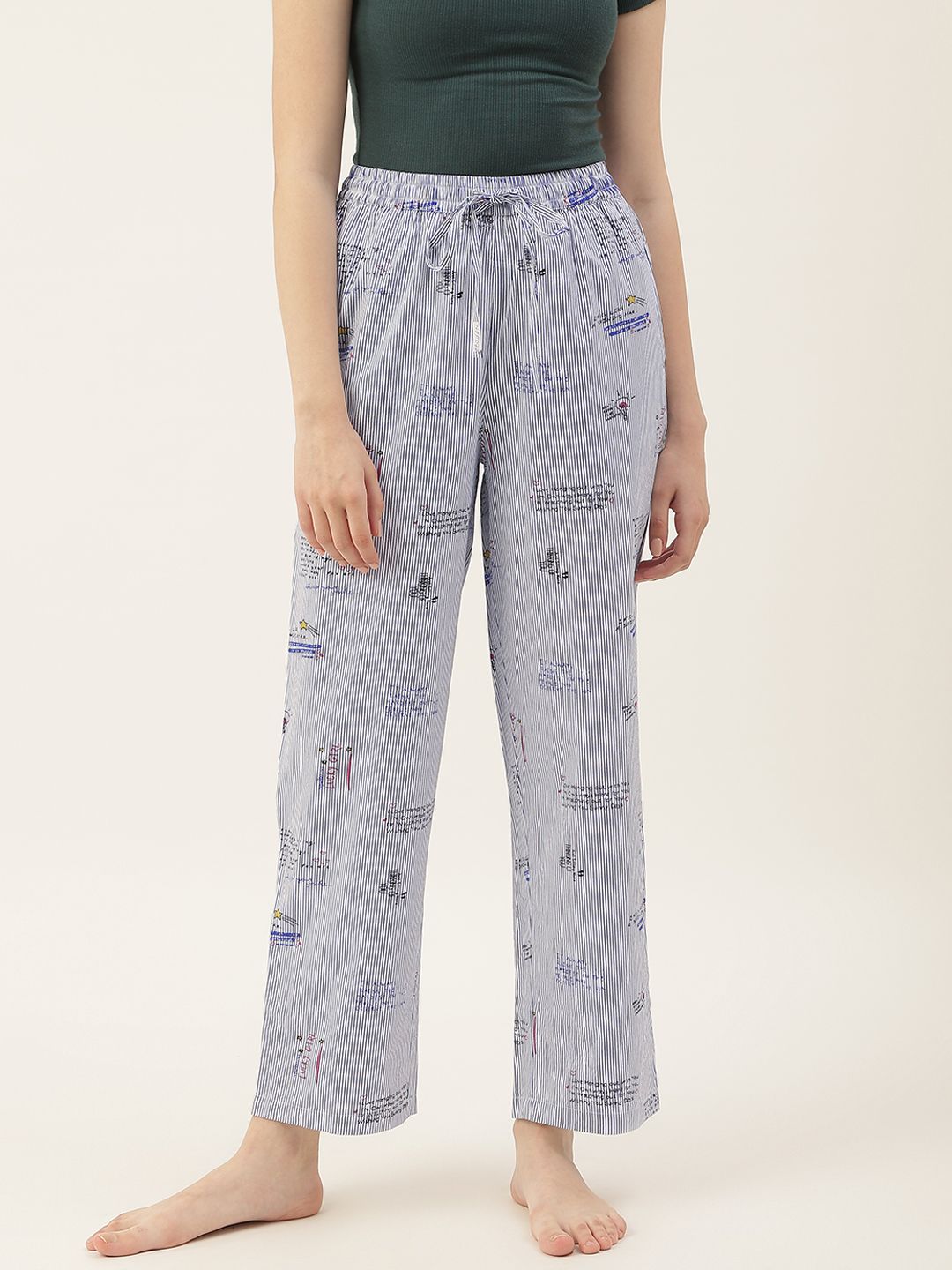 Not Just Pyjamas Women Blue & White Printed Cotton Lounge Pants Price in India