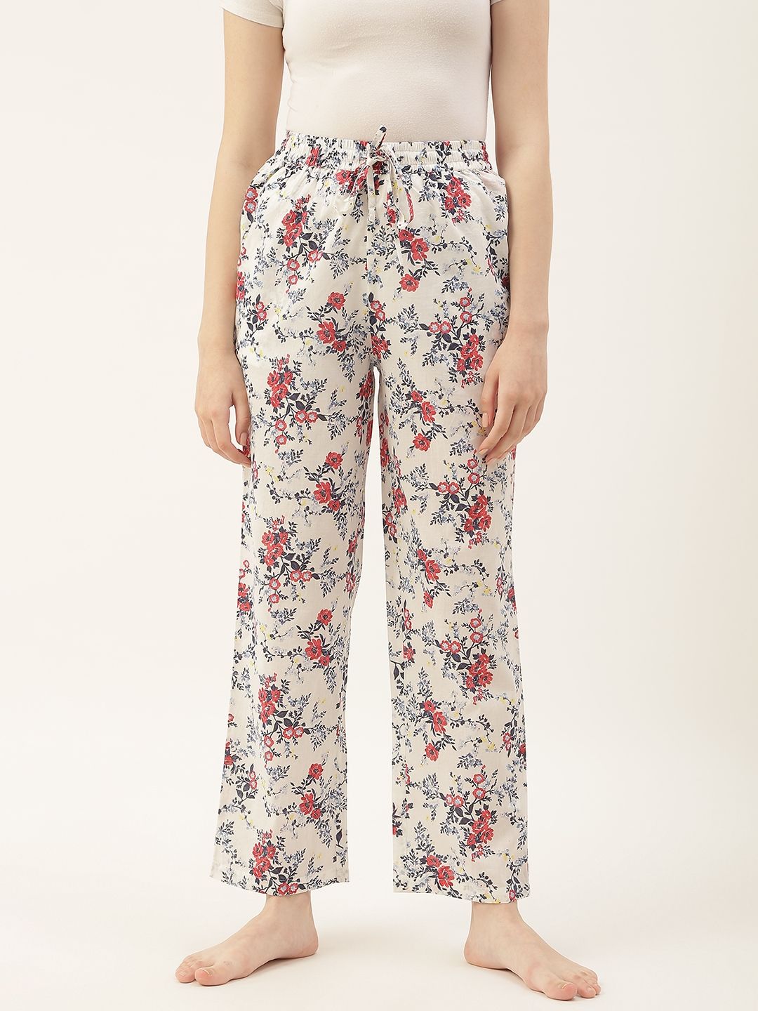 Not Just Pyjamas Women White Floral Printed Cotton Lounge Pants Price in India