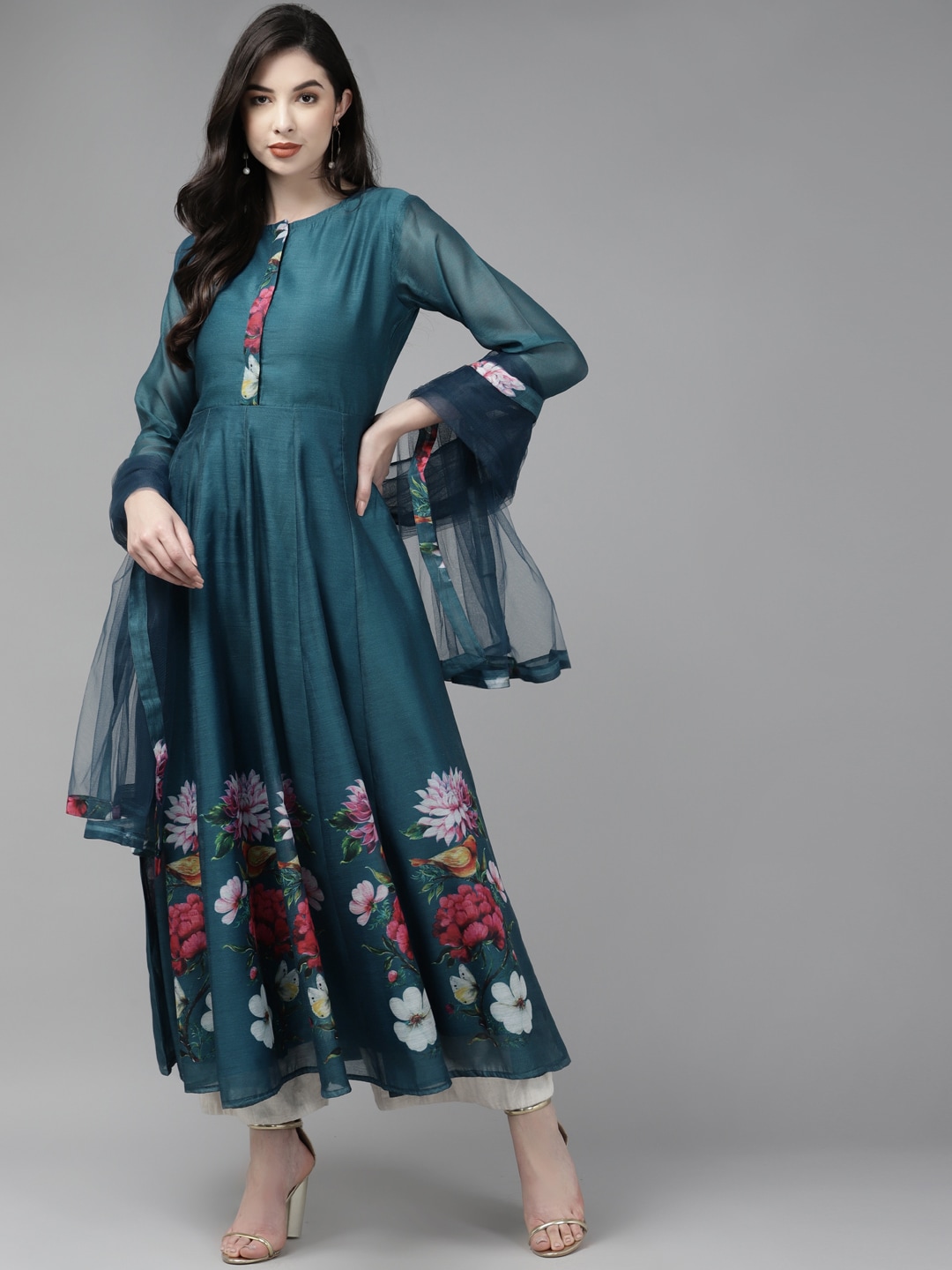 Bhama Couture Women Teal Blue Floral Printed Chanderi Silk Anarkali Kurta with Dupatta Price in India