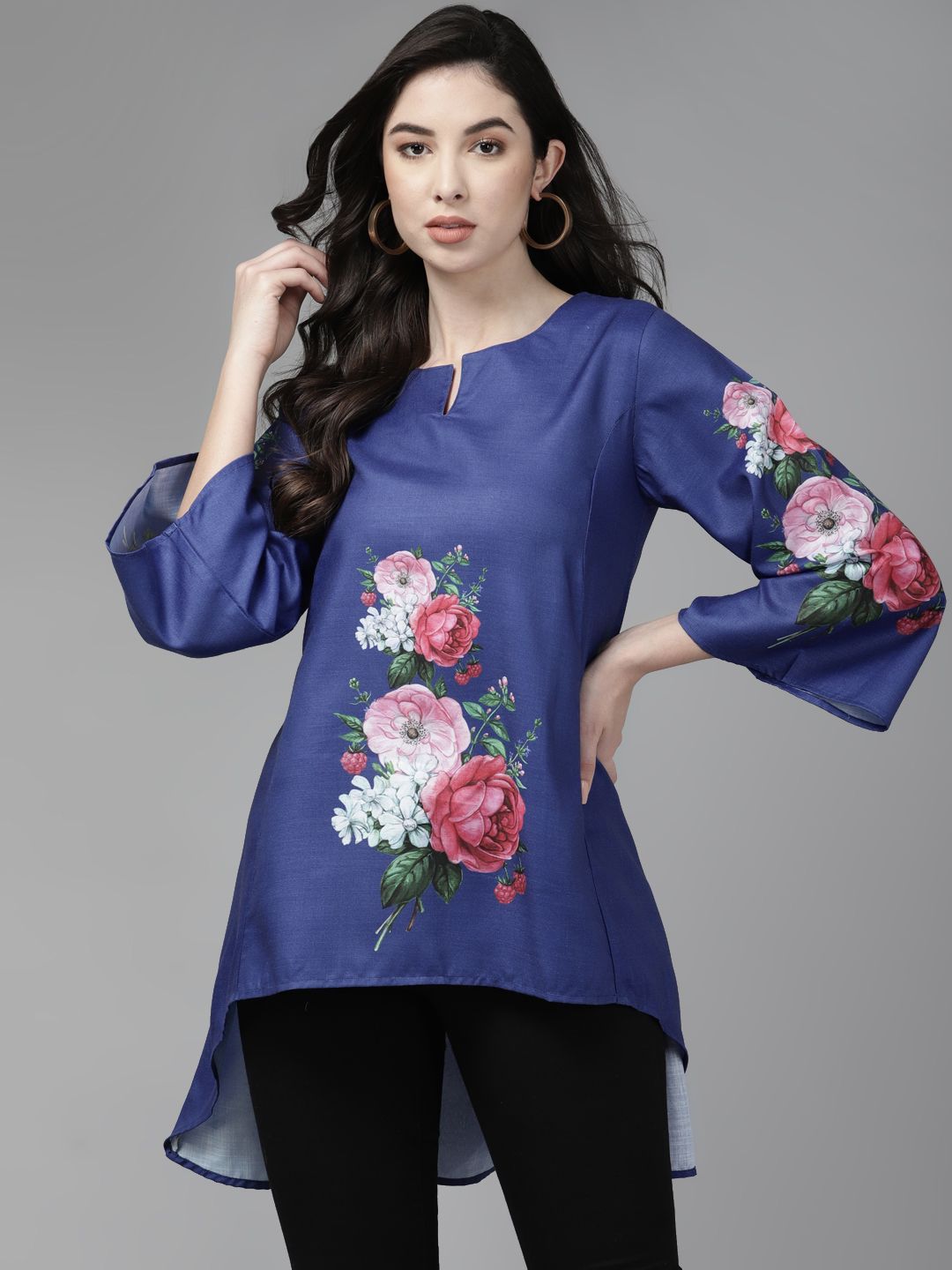Bhama Couture Women Blue & Pink Printed High-Low Tunic Price in India