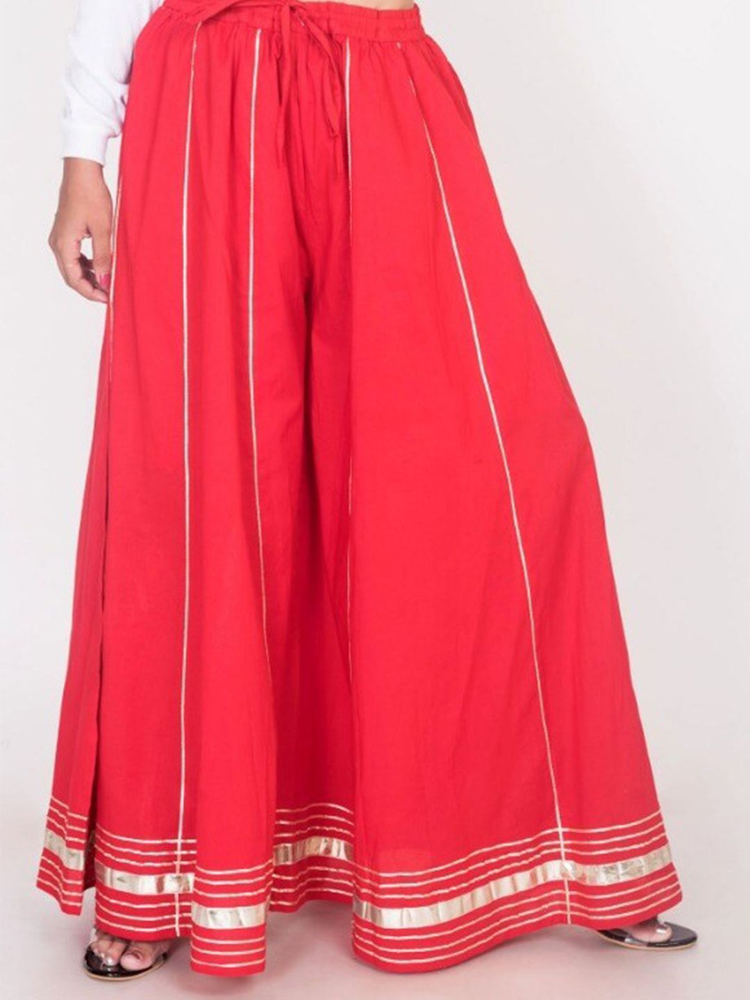 Swasti Women Red & Silver-Toned Flared Lace Cotton Ethnic Palazzos Price in India