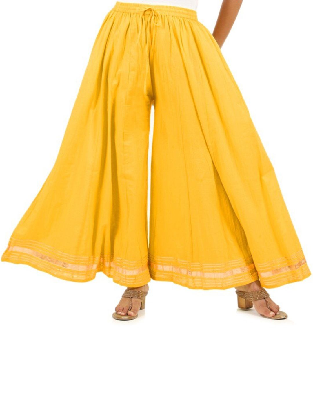 Swasti Women Yellow & Gold-Toned Printed Lace Cotton Ethnic Palazzos Price in India