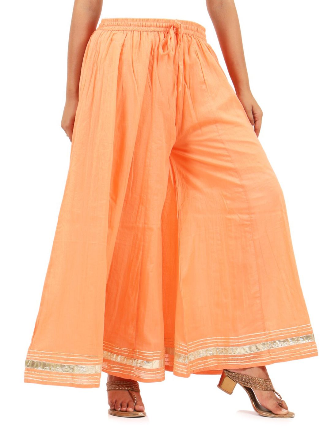 Swasti Women Peach-Coloured & Gold-Toned Floral Flared Lace Ethnic Palazzos Price in India