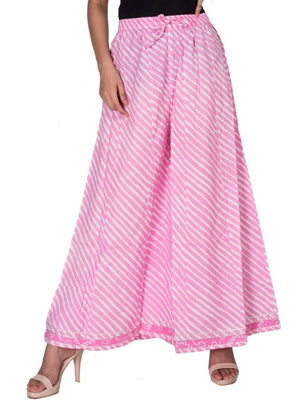 Swasti Women Pink & White Leheriya Printed Flared Cotton Ethnic Palazzos Price in India