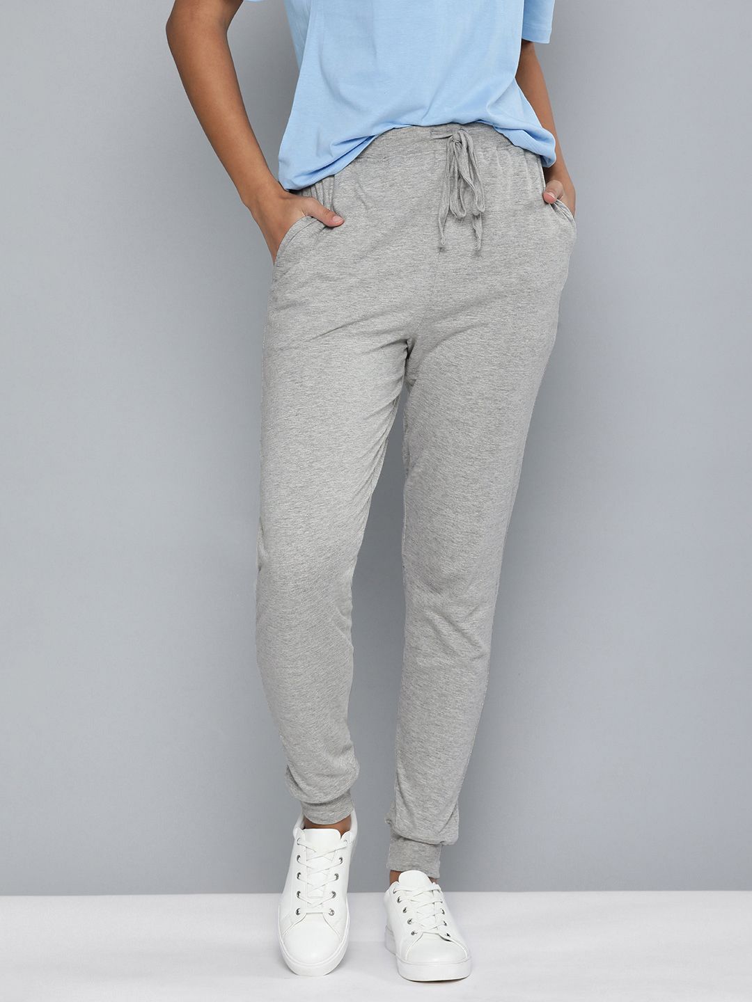 HERE&NOW Women Grey Melange Solid Jogger Lounge Pants Price in India