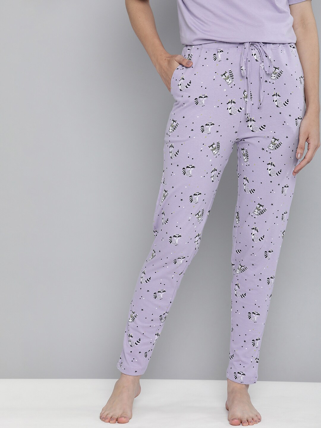 HERE&NOW Women Lilac Conversational Printed Mid Rise Pure Cotton Casual Lounge Pants Price in India