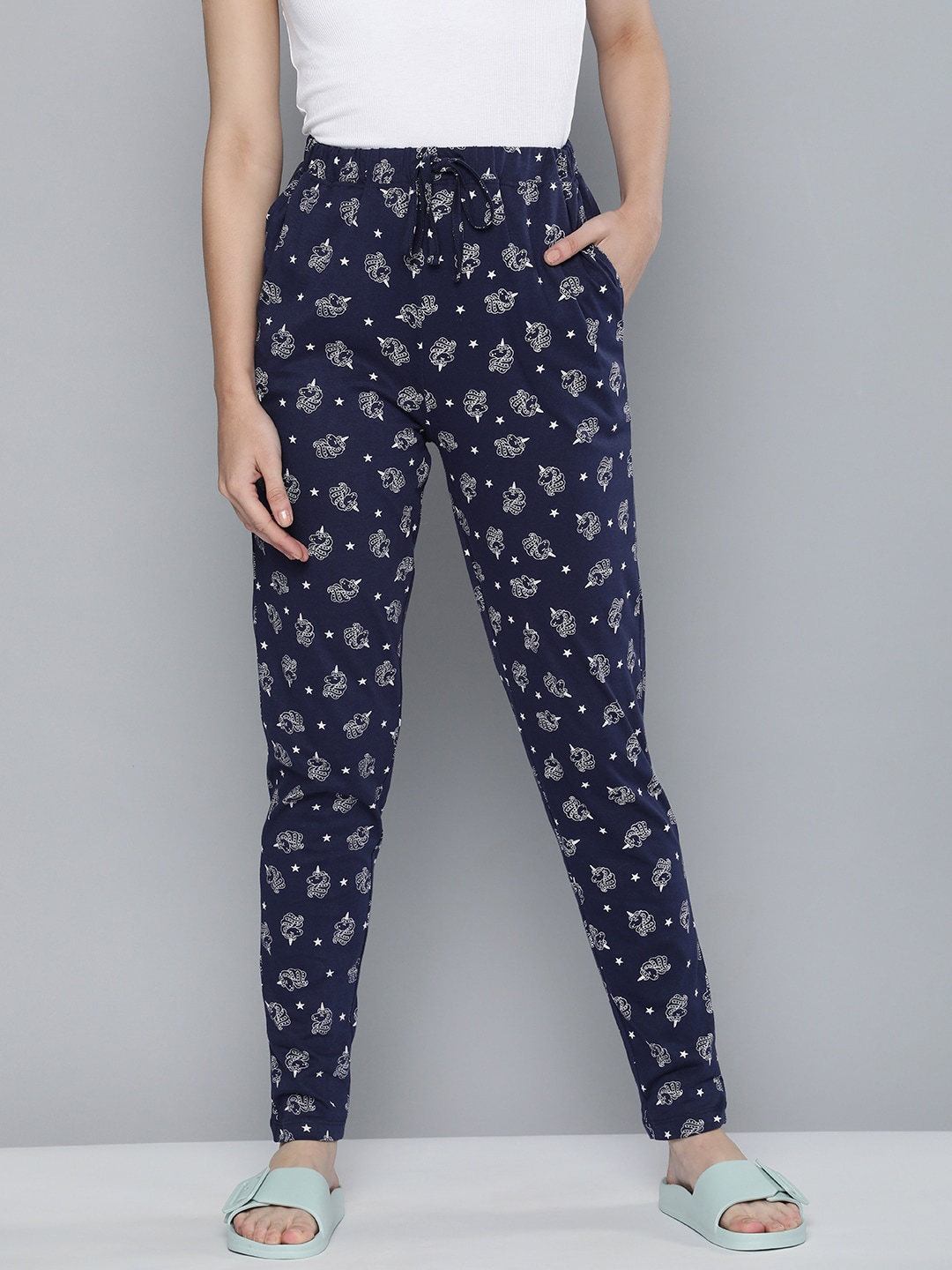 HERE&NOW Women Navy Blue & White Printed Pure Cotton Lounge Pants Price in India