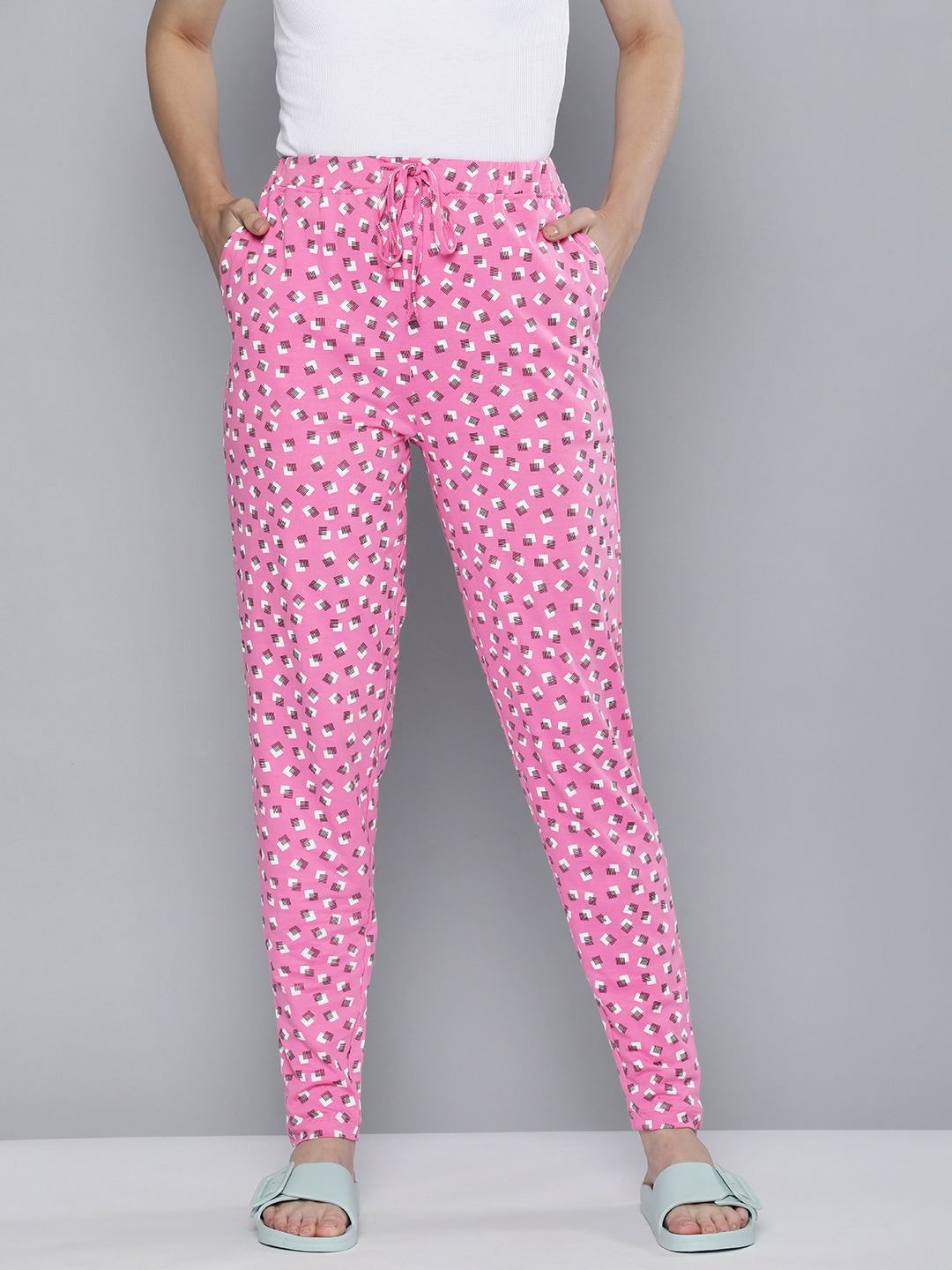 HERE&NOW Women Pink & White Printed Pure Cotton Lounge Pants Price in India