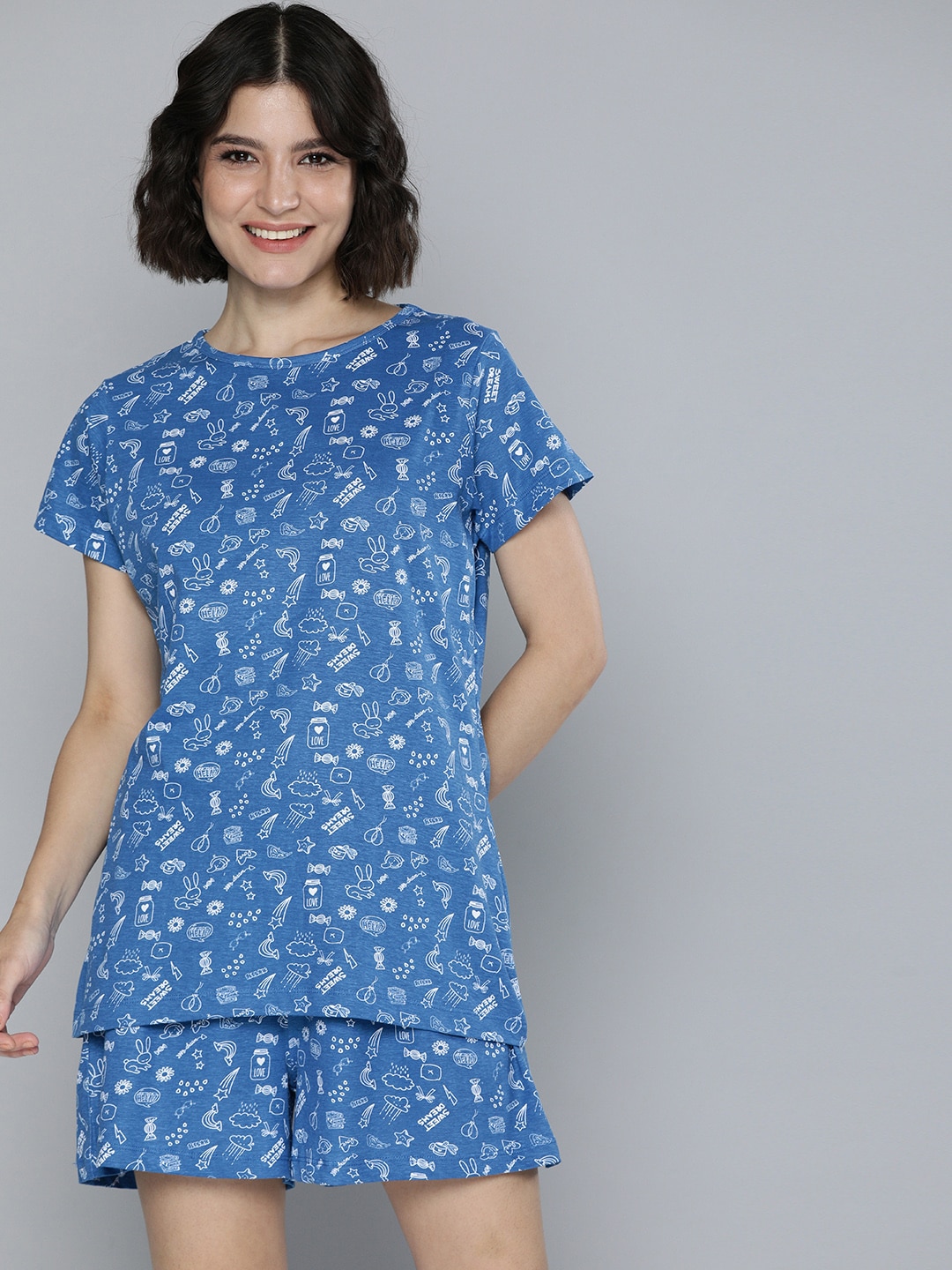 HERE&NOW Women Blue & White Printed Casual Night suit Price in India