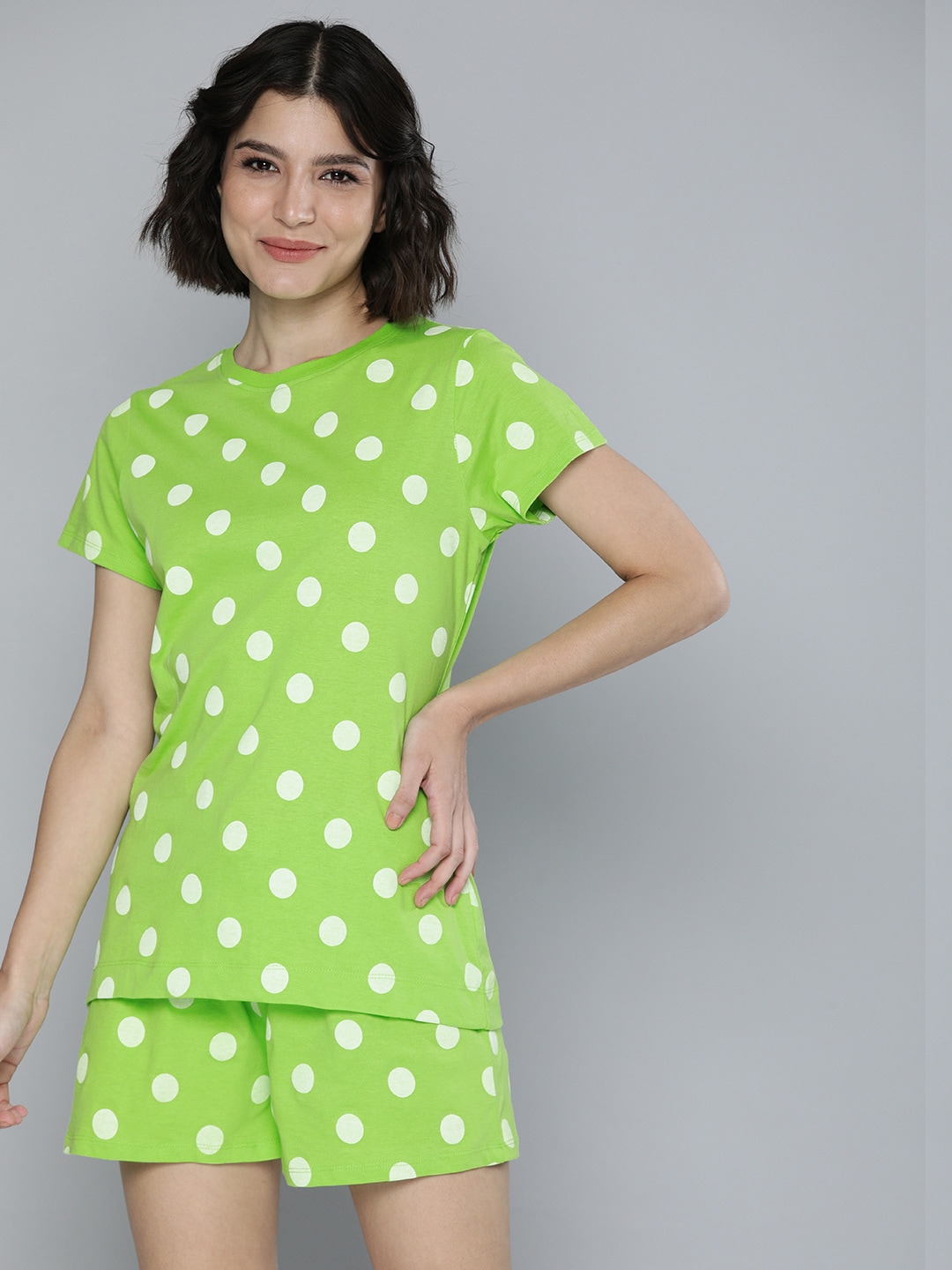HERE&NOW Women Green & White Polka Dot Printed Casual Night suit Price in India