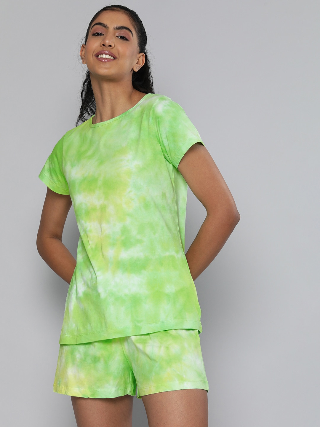 HERE&NOW Women Lime Green Tie And Dye Printed Night suit Price in India