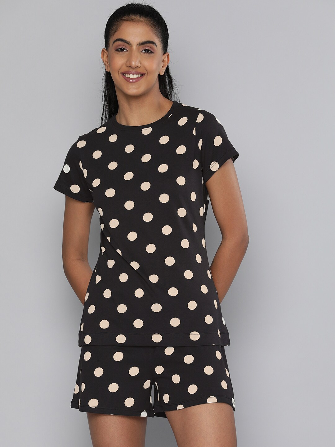 HERE&NOW Women Black & White Polka Dot Printed Night suit Price in India