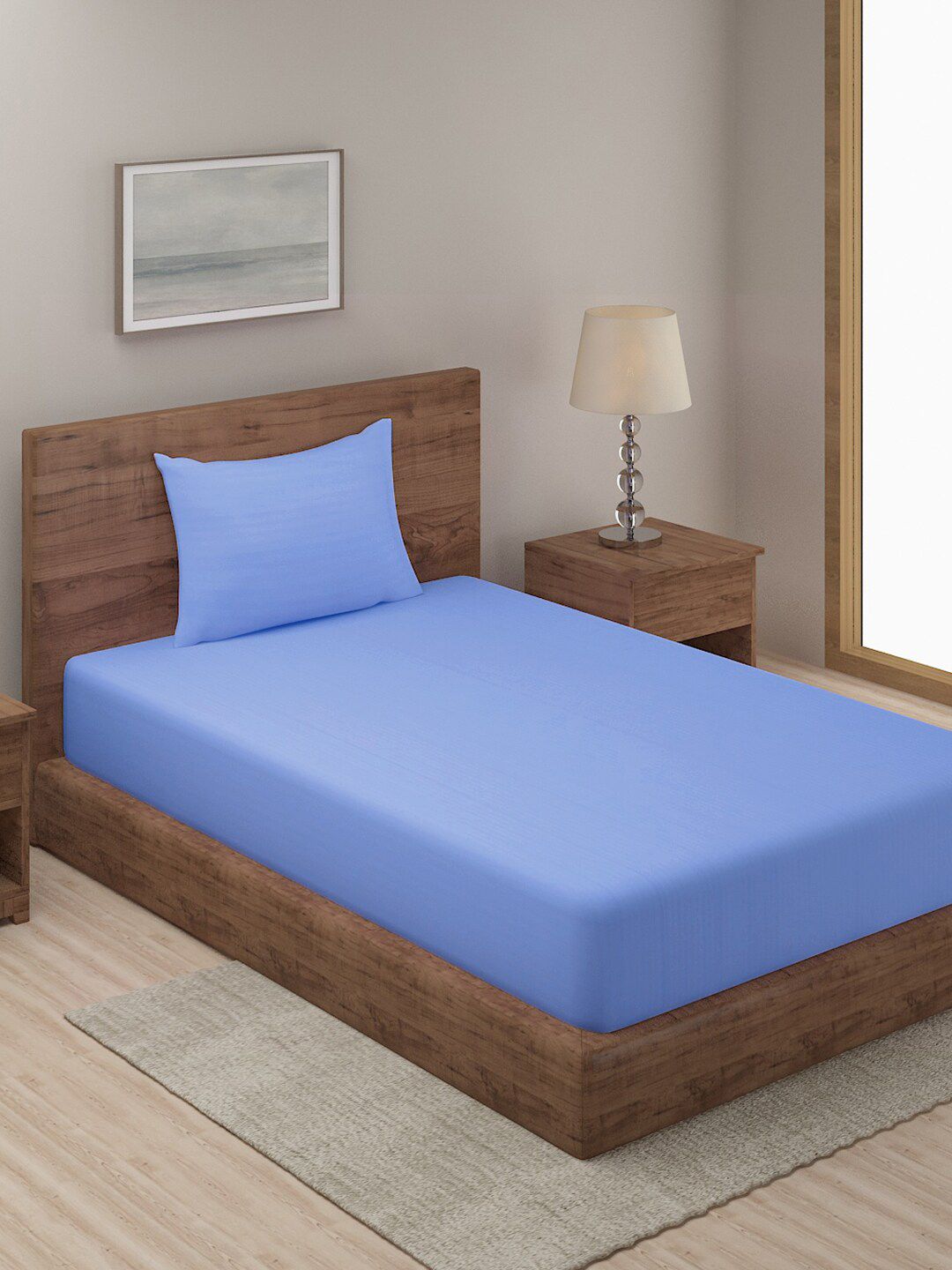 HOSTA HOMES Blue Striped 280 TC Single Fitted Bedsheet With 1 Pillow Covers Price in India