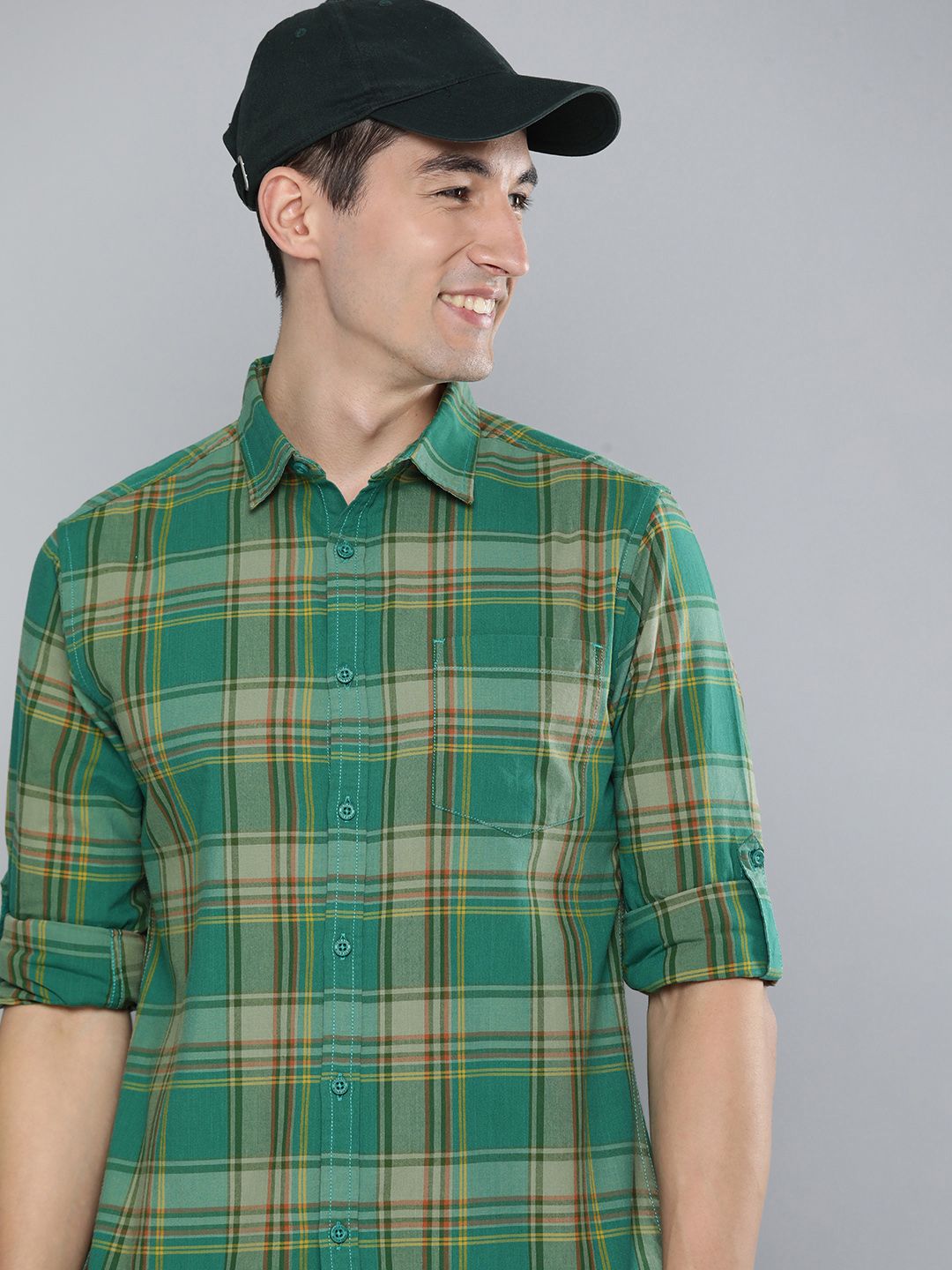 HERE&NOW Men Green & Orange Slim Fit Checked  Casual  Cotton Shirt