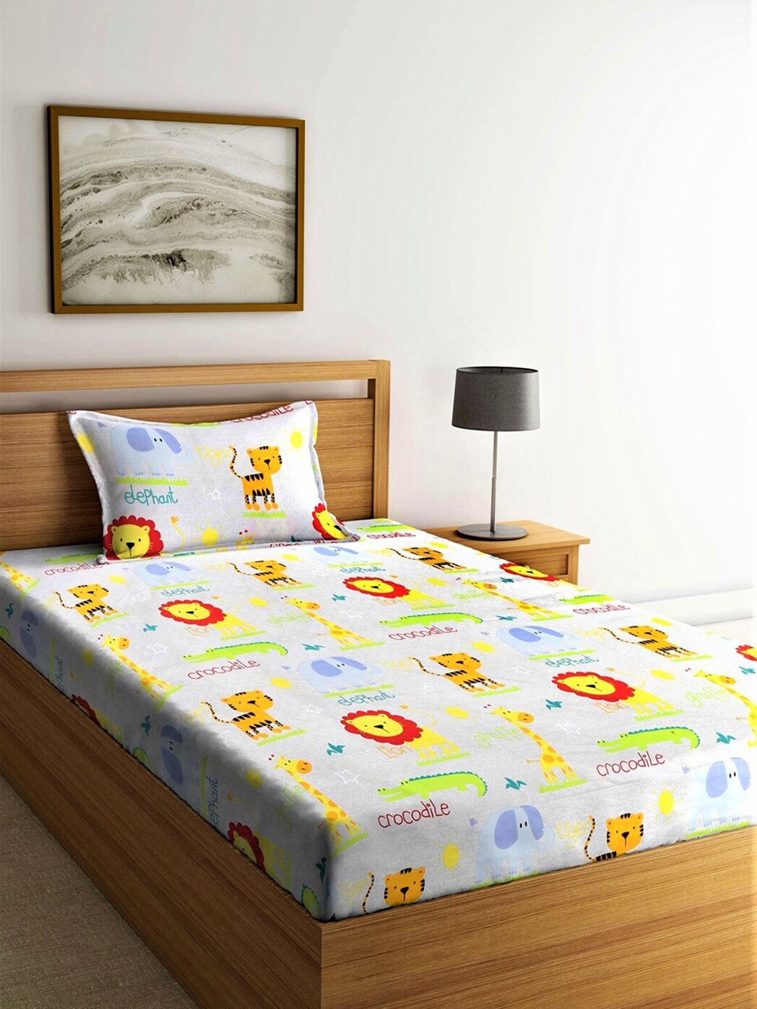 Home Sizzler Orange & Off White Cartoon Characters 210 TC Single Bedsheet with 1 Pillow Covers Price in India
