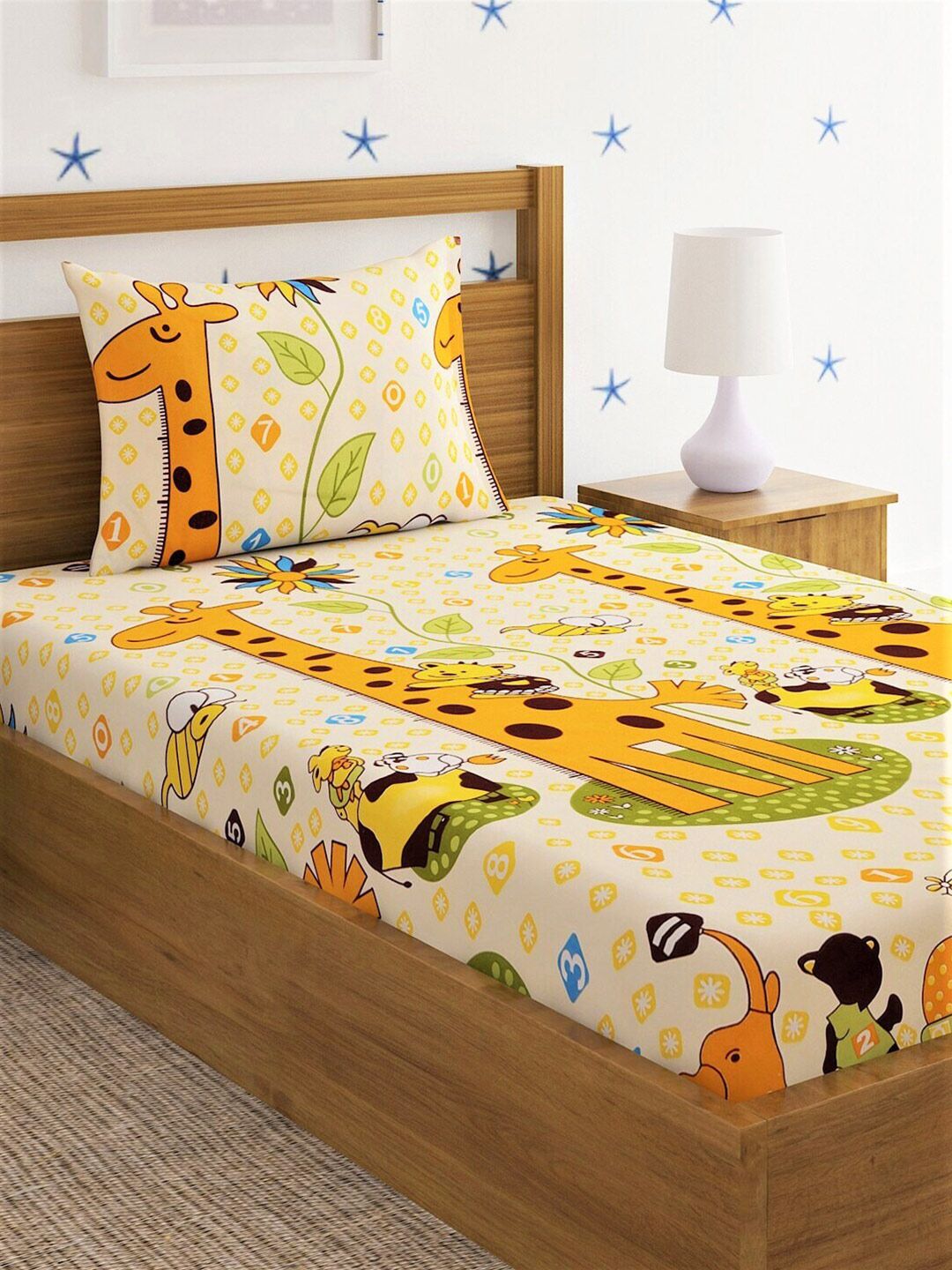 Home Sizzler Yellow & Orange Cartoon Characters 210 TC Single Bedsheet with 1 Pillow Covers Price in India