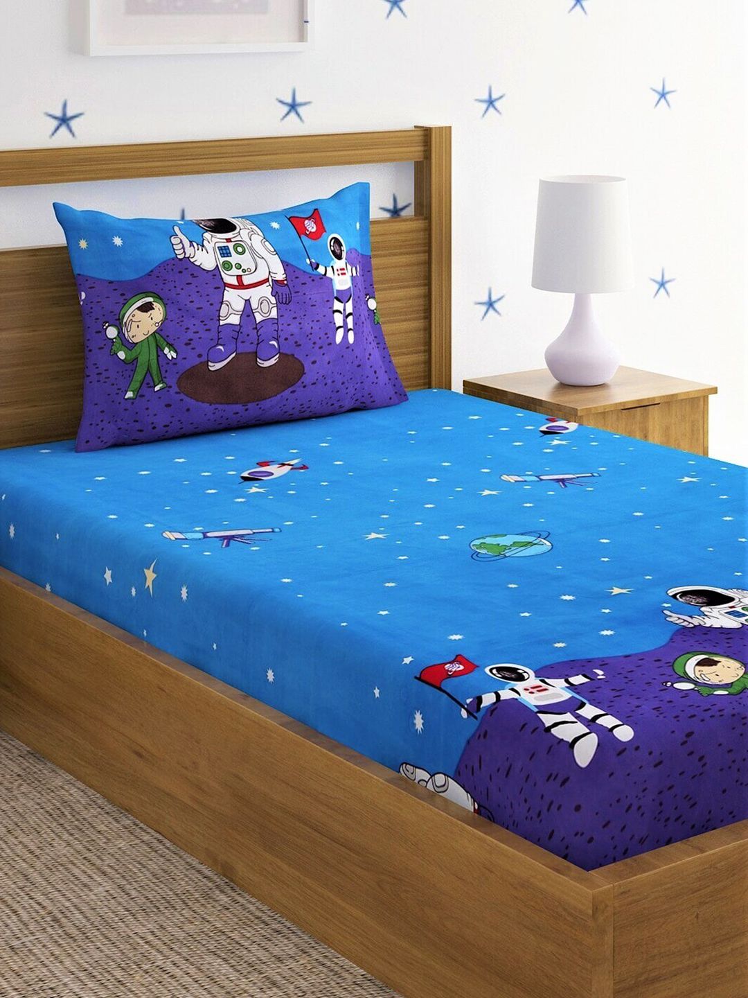 Home Sizzler Blue & White Cartoon Characters 210 TC Single Bedsheet with 1 Pillow Covers Price in India