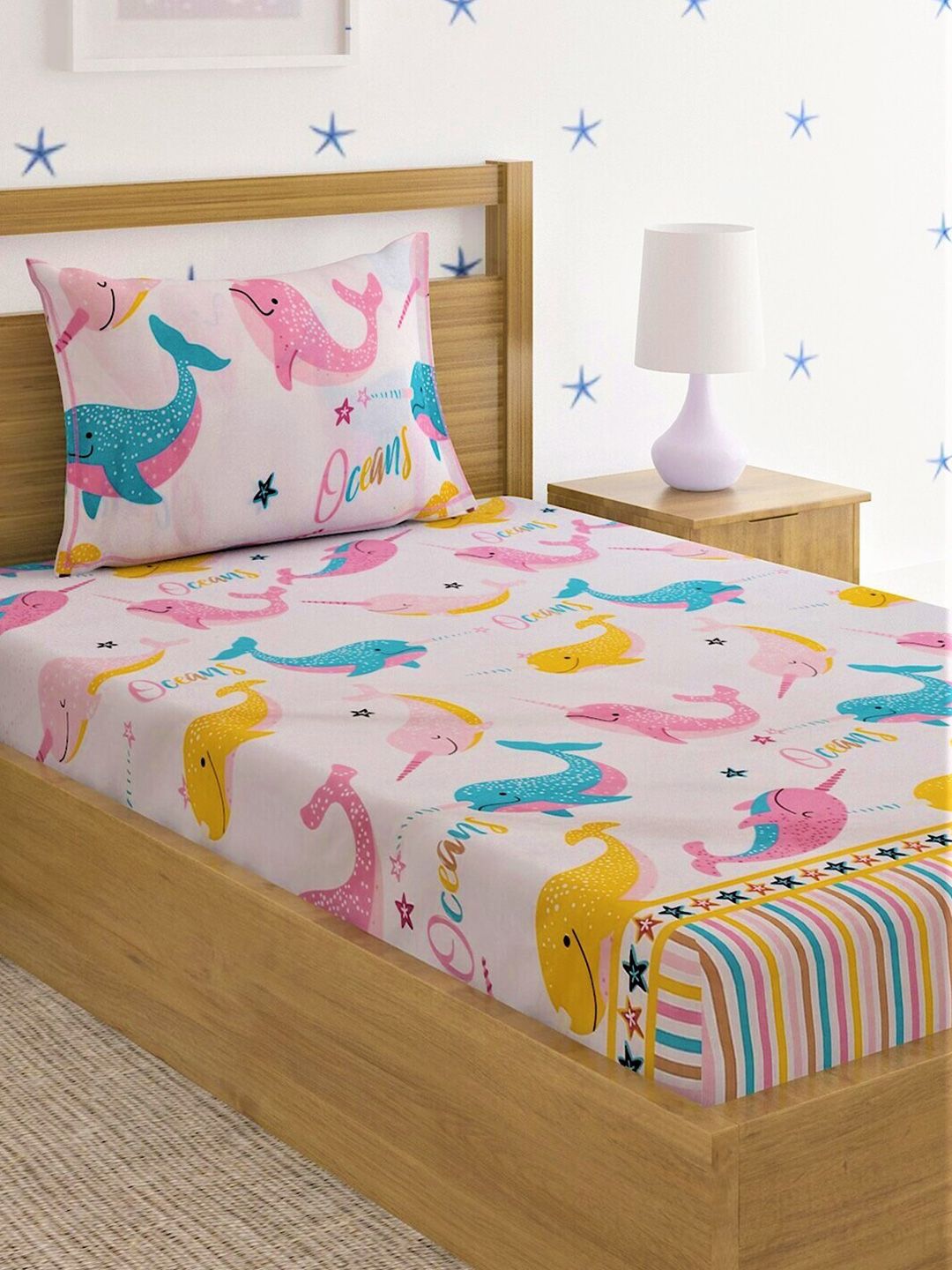 Home Sizzler Pink & White Cartoon Characters 210 TC Single Bedsheet with 1 Pillow Covers Price in India