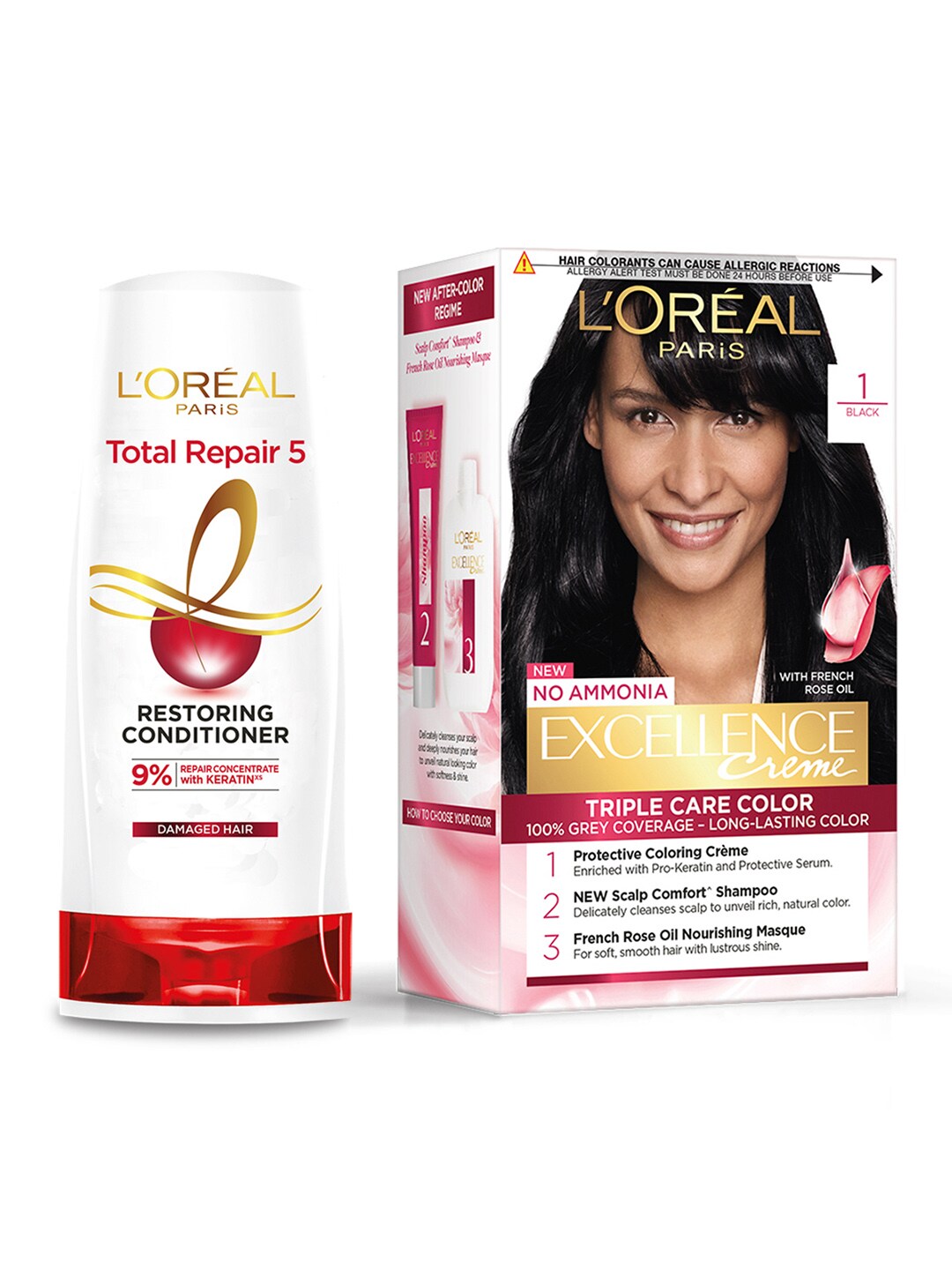 LOreal Paris Set of Total Repair 5 Hair Conditioner & Excellence Creme Hair Color - 01 Price in India