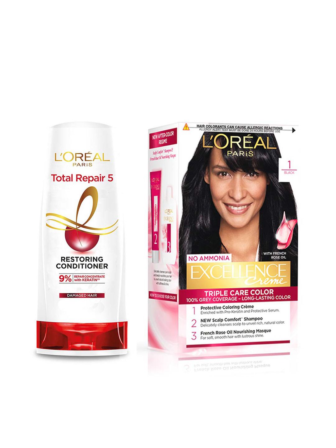 LOreal LOreal Paris Total Repair 5 Conditioner 180ml & Excellence Hair Color-Shade 1 (72ml+100g)