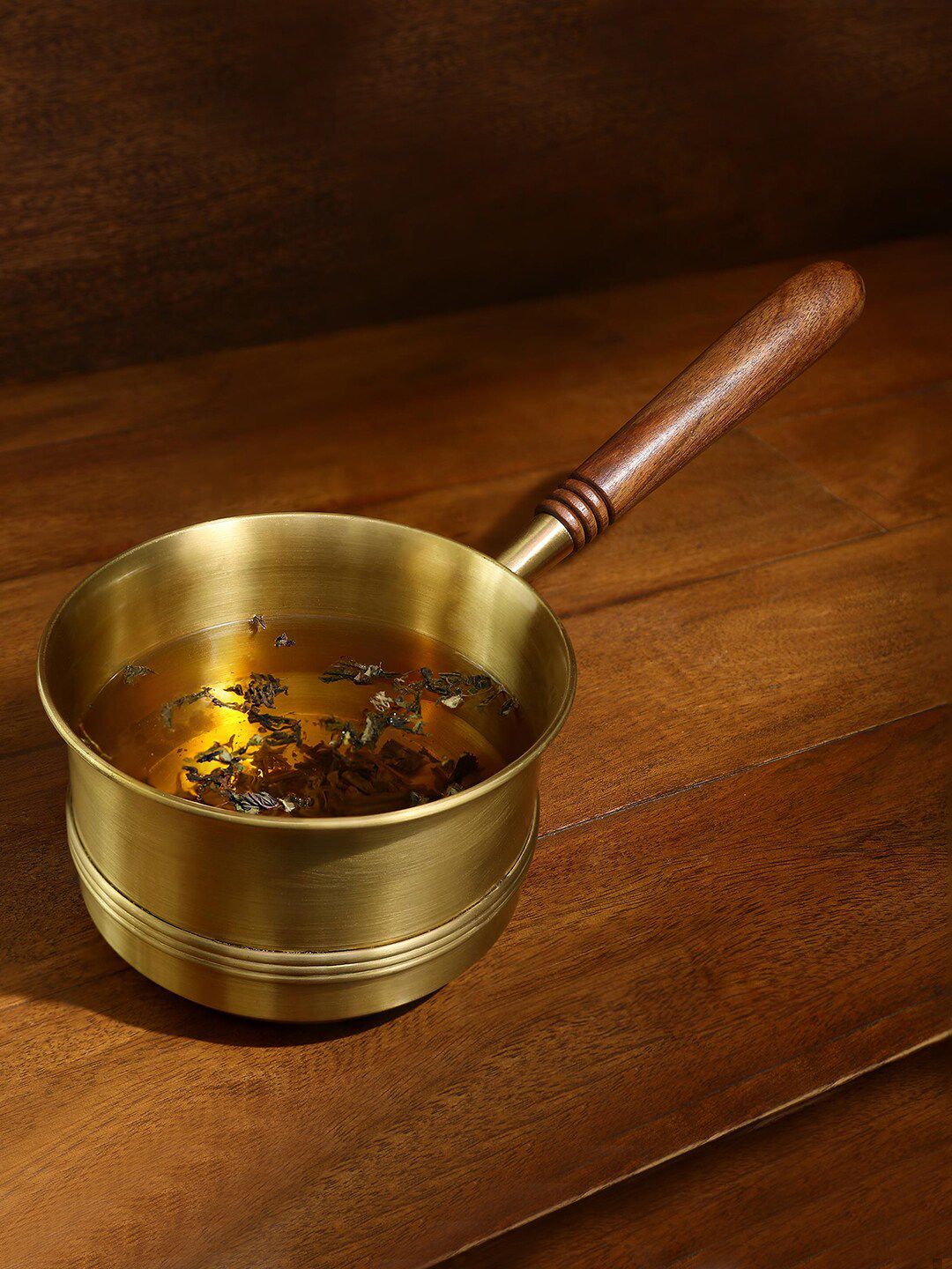 ellementry Gold Toned Brass Tea Pan with Wooden Handle Price in India