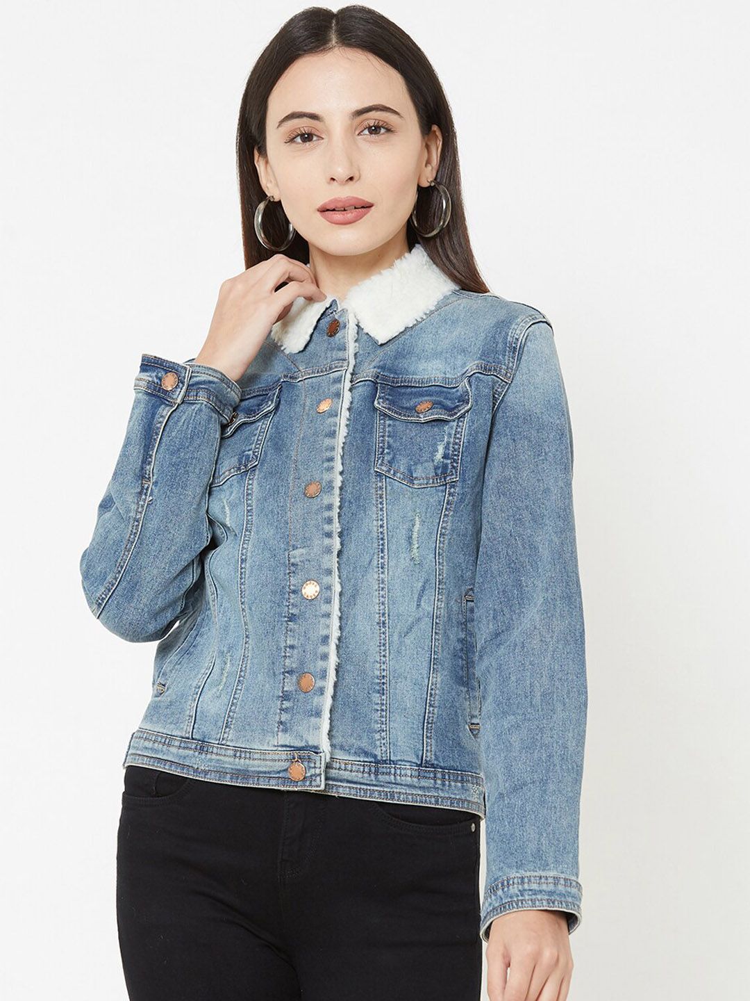 Kraus Jeans Women Blue Washed Denim Jacket Price in India