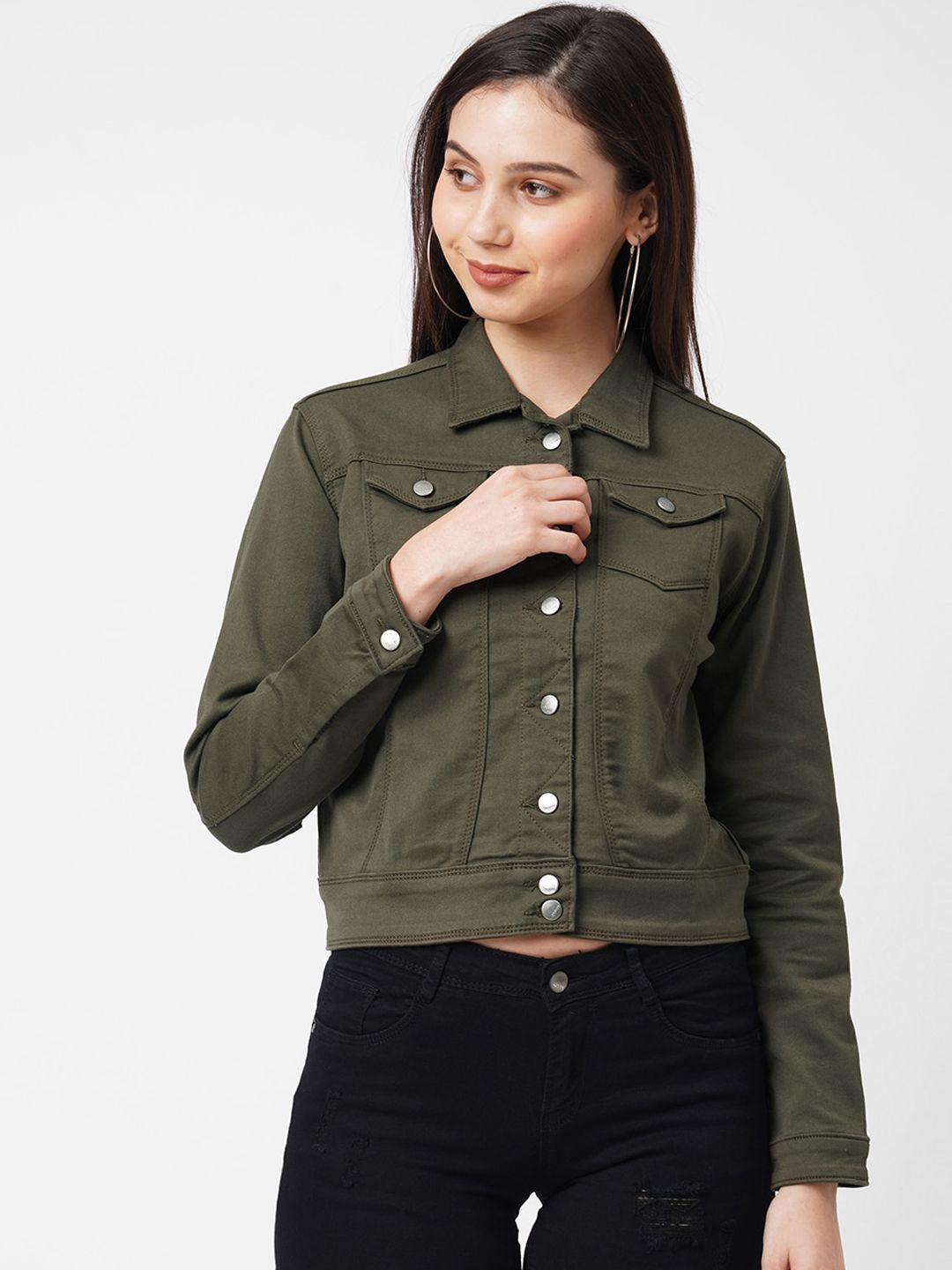 Kraus Jeans Women Olive Green Solid Crop Tailored Jacket Price in India
