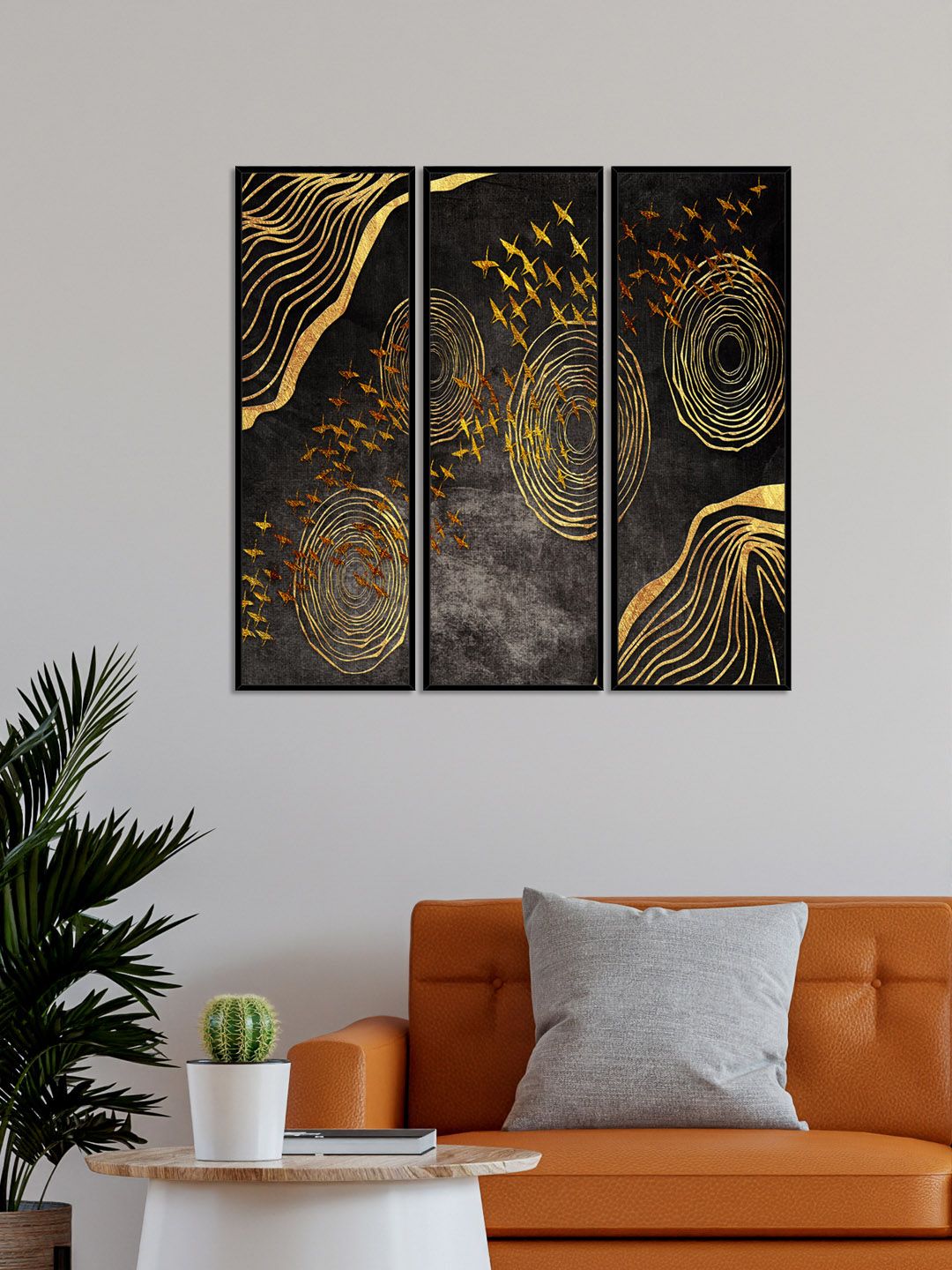 999Store Set Of 3 Grey & Yellow Modern Art With Birds  Painting Wall Art Price in India