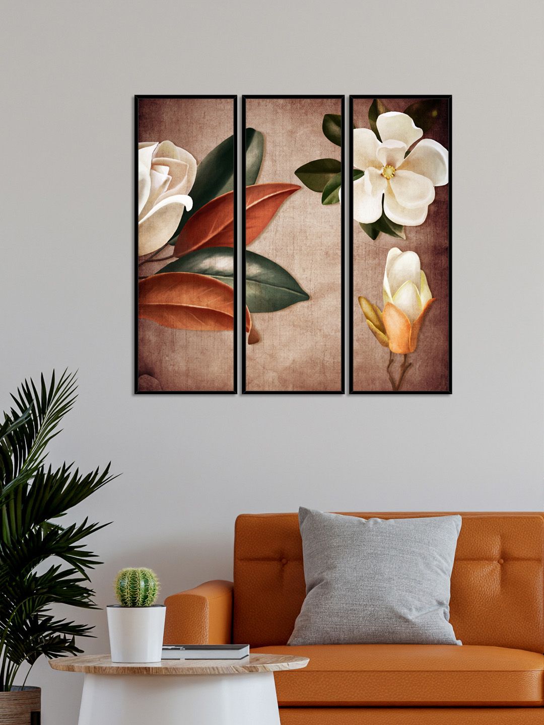 999Store Set of 3 Brown  & White  Tulips Flower Art Painting Wall Art Price in India