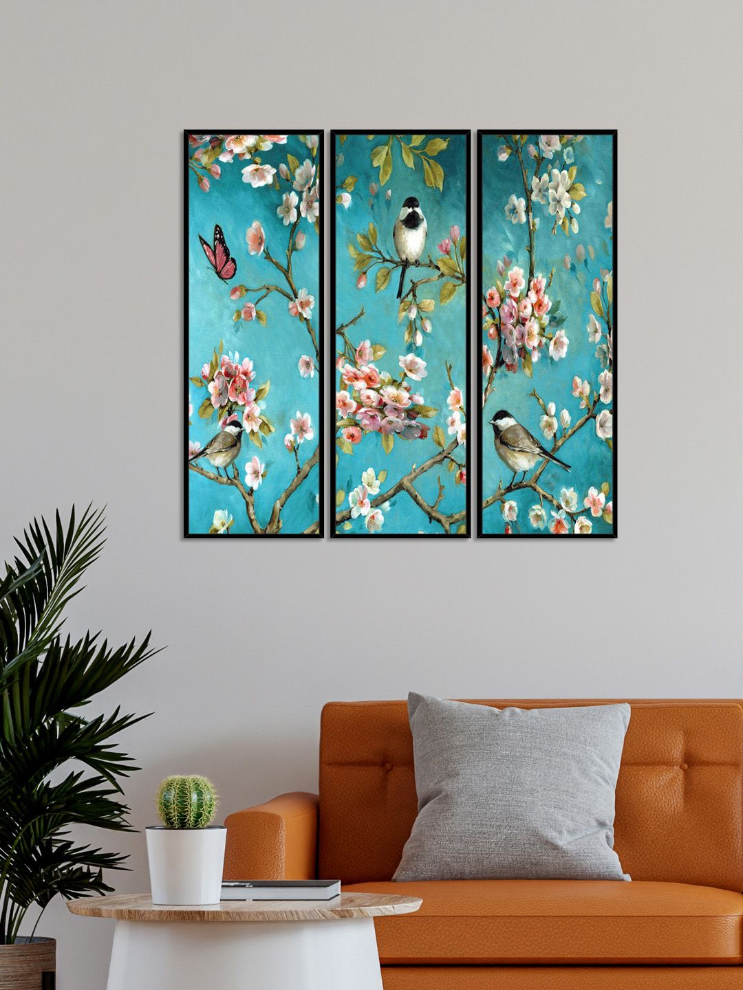 999Store Set Of 3 Blue & White Birds With Botanical Flower Painting Wall Art Price in India