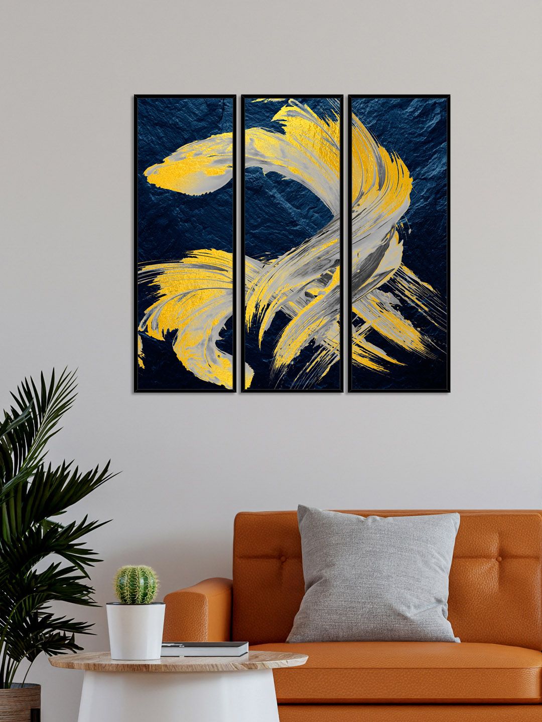 999Store Set of 3 Blue & Gold Abstract Canvas Framed Wall Art Price in India