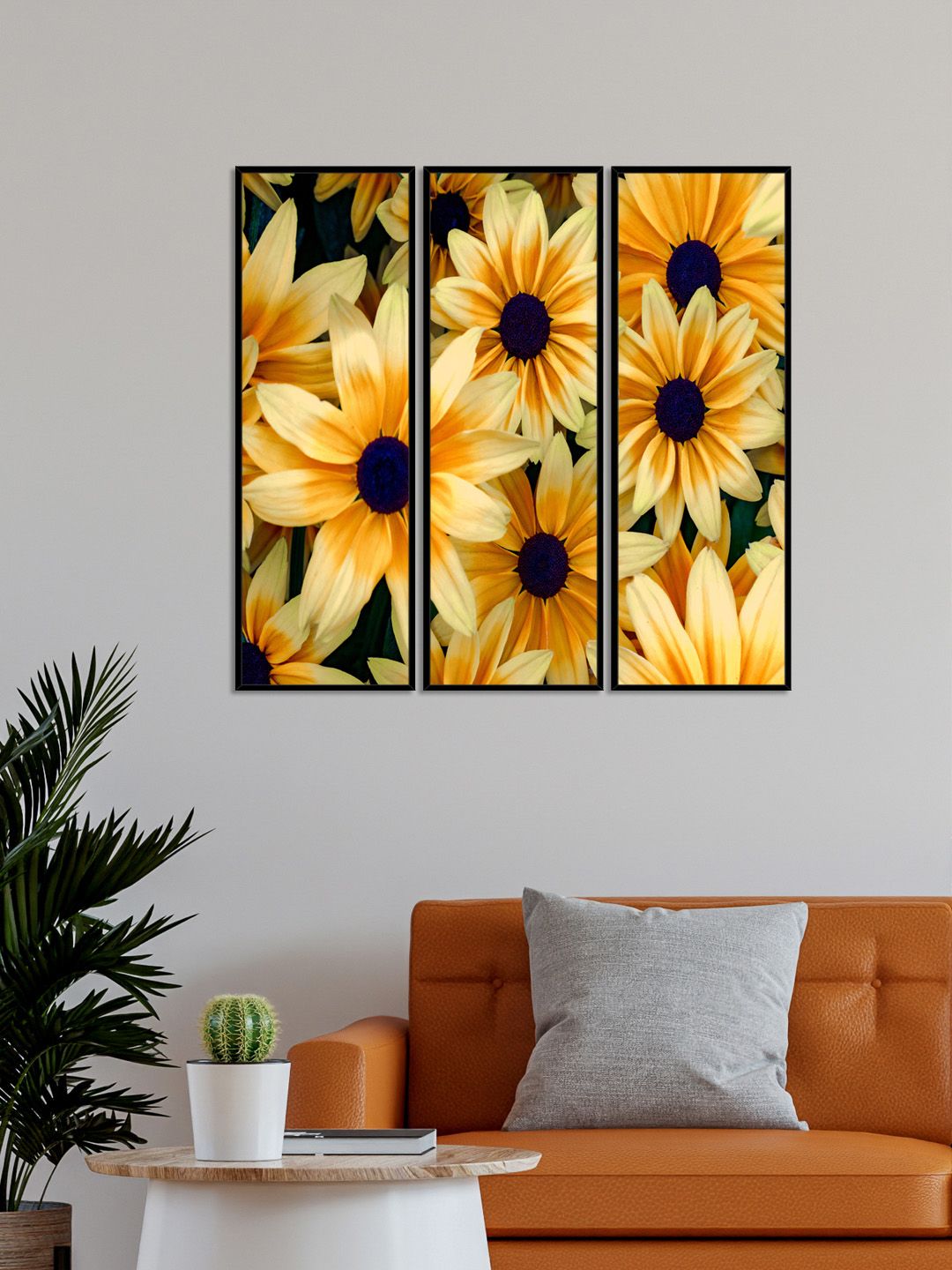 999Store Set Of 3 Yellow & Black Beautiful Sunflower Canvas Painting Framed Wall Arts Price in India