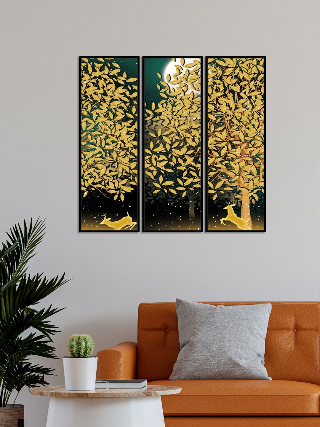 999Store Set of 3 Golden Tree With Moon Wall Paintings Price in India