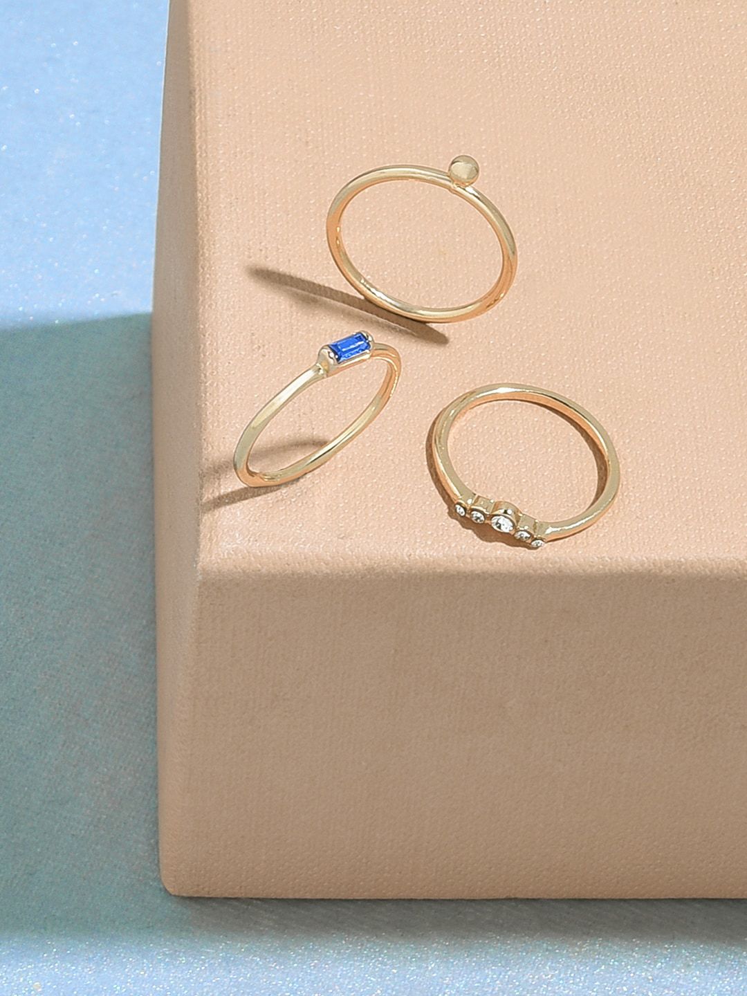 Accessorize Women Set Of 3 Gold & Blue Baguette Ring Price in India