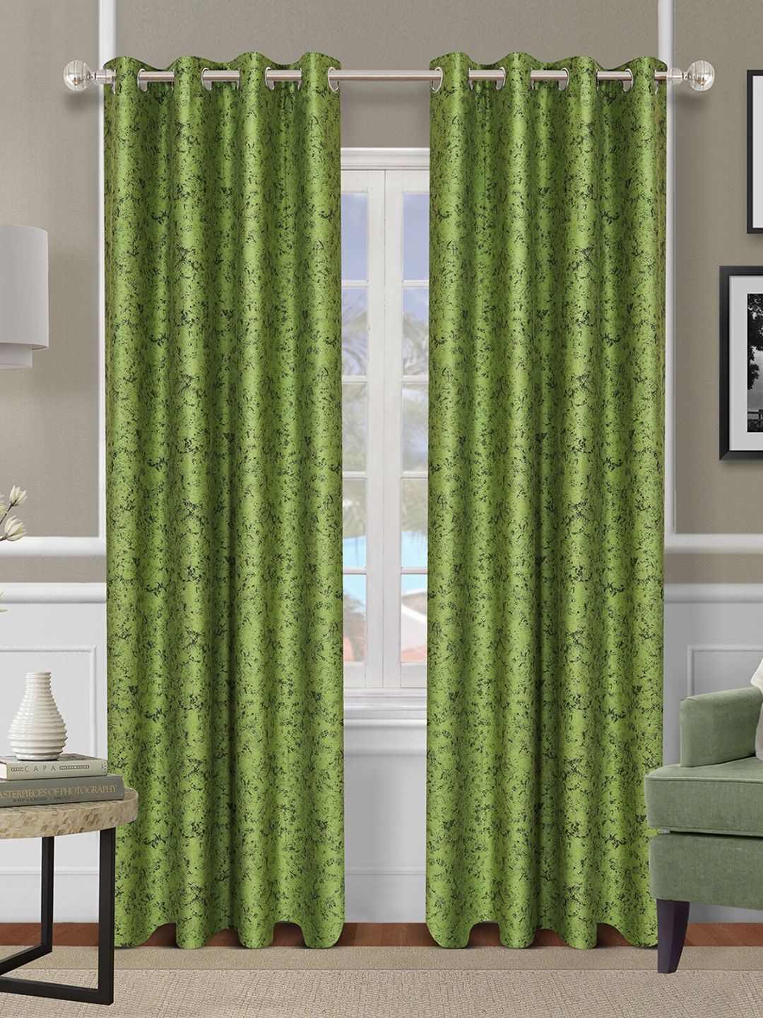 ROMEE Green & Black Set of 2 Self Design Room Darkening Long Door Curtain Price in India