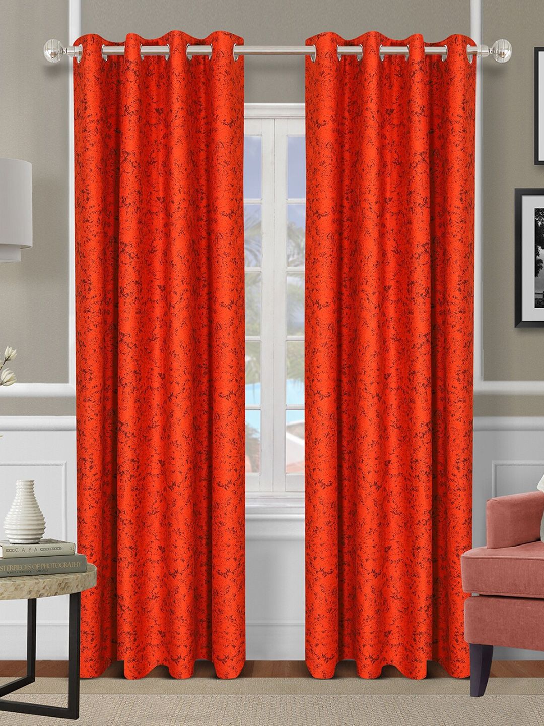 ROMEE Red & Black Set of 2 Self Design Room Darkening Long Door Curtain Price in India
