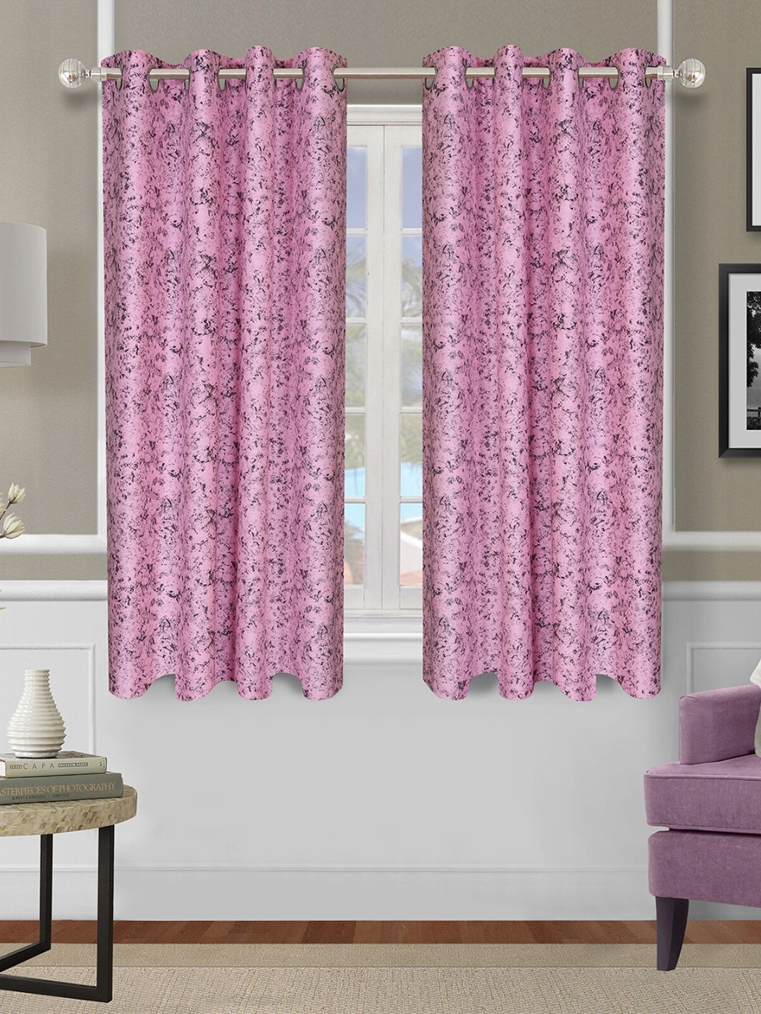 ROMEE Pink & Black Set of 2 Self Design Room Darkening Window Curtain Price in India