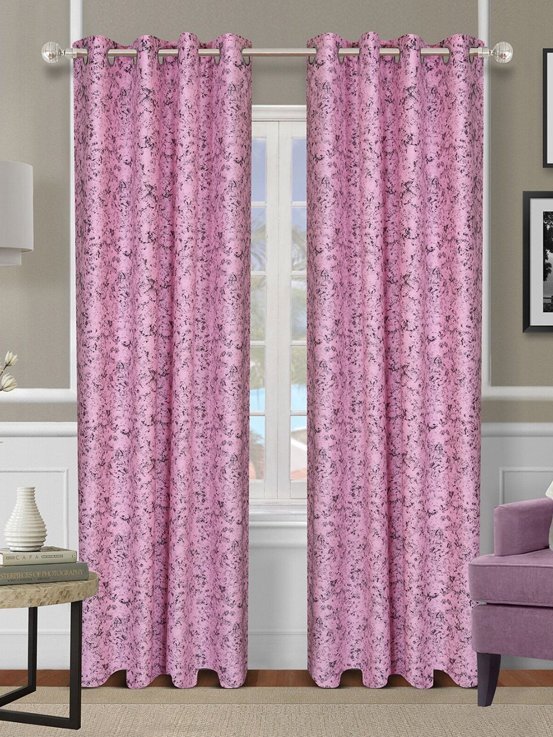 ROMEE Pink & Black Set of 2 Self Design Room Darkening Long Door Curtain Price in India