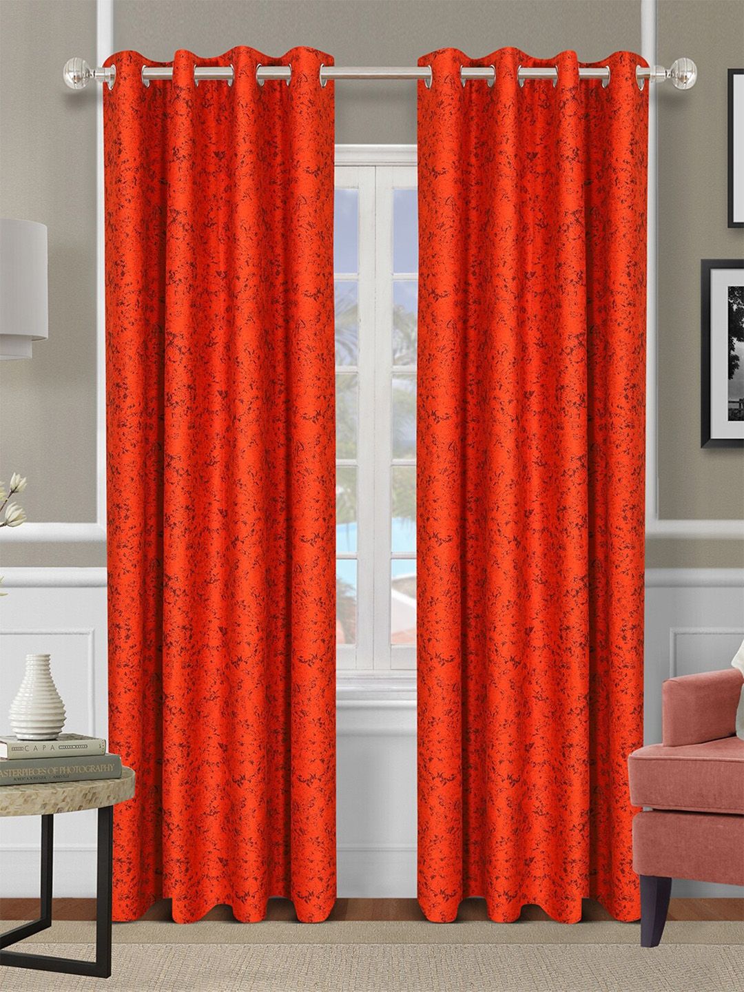 ROMEE Red & Grey Set of 2 Self Design Room Darkening Door Curtain Price in India