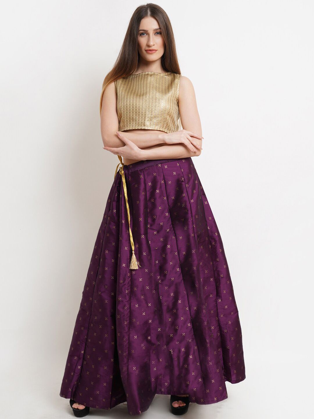 WESTCLO Women Burgundy & Gold-Toned Woven Design Ready to Wear Lehenga Choli Price in India