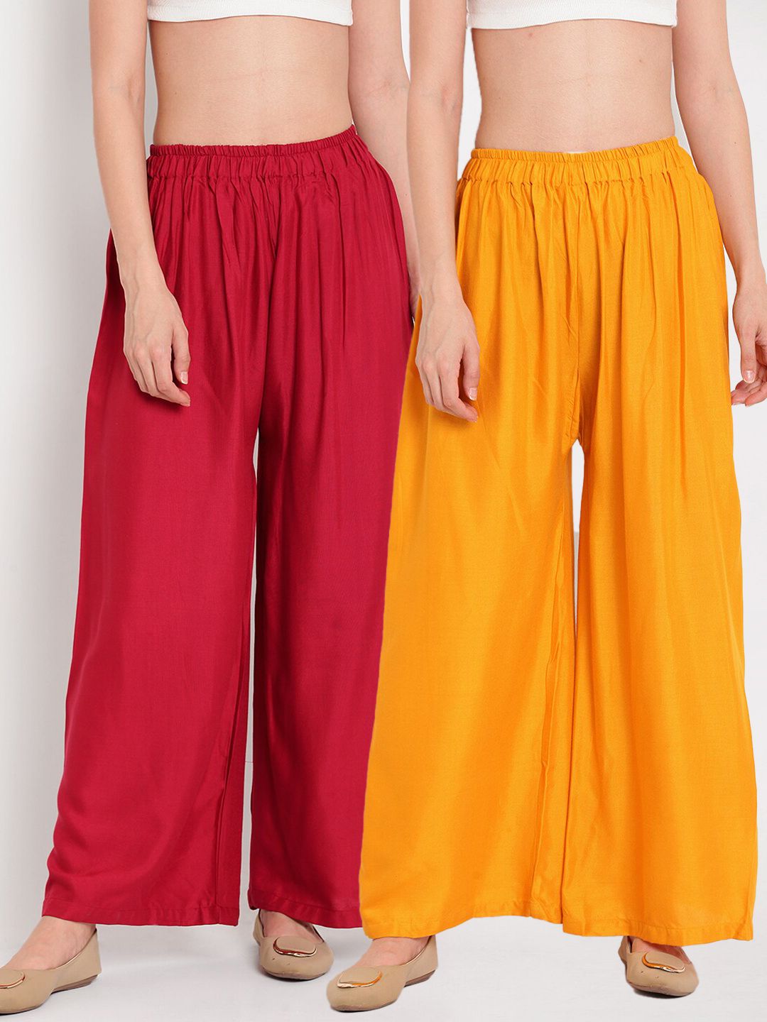TAG 7 Women Yellow & Red Set of 2 Flared Ethnic Palazzos Price in India