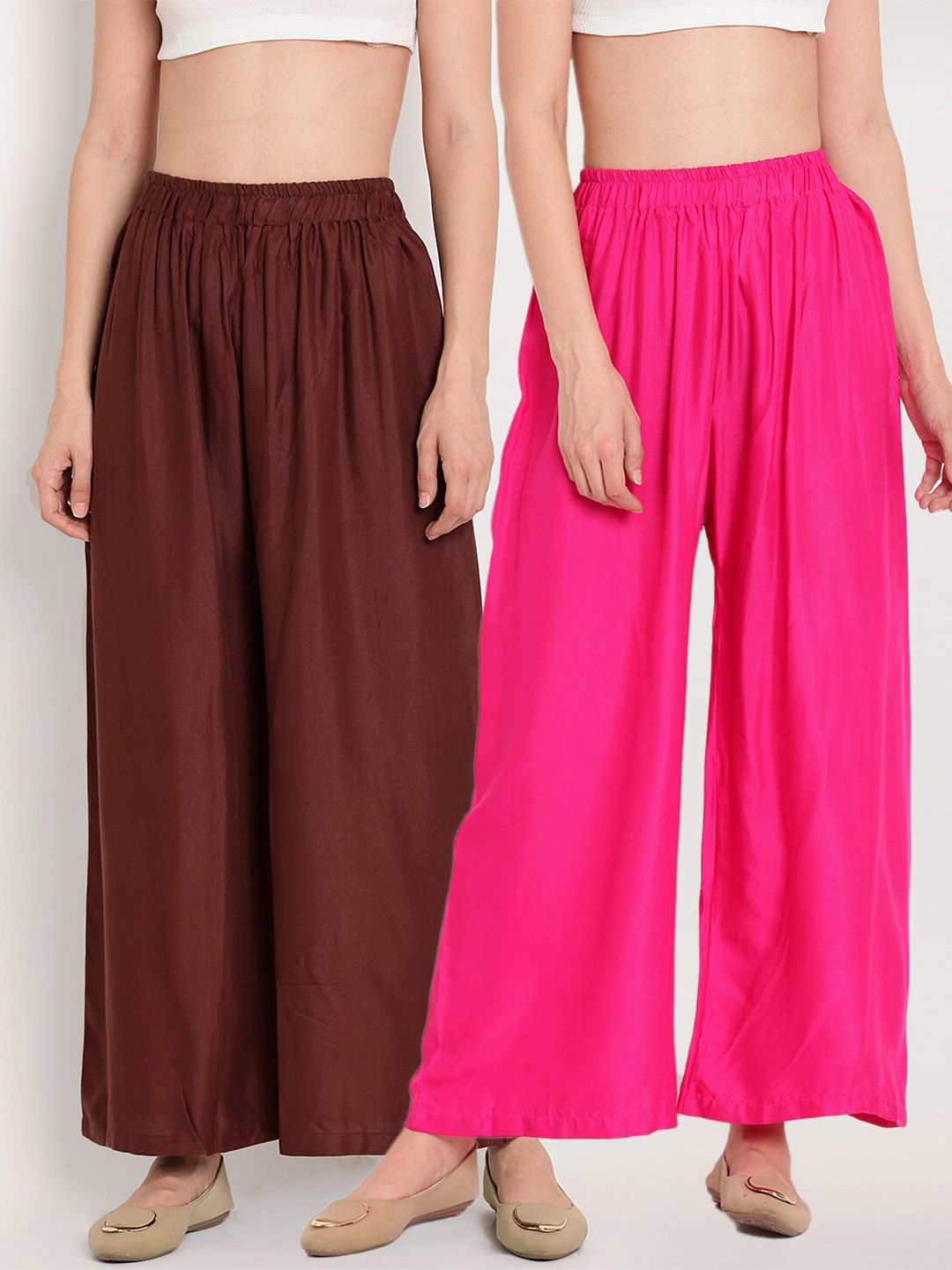 TAG 7 Women Pink & Brown Set of 2 Flared Ethnic Palazzos Price in India